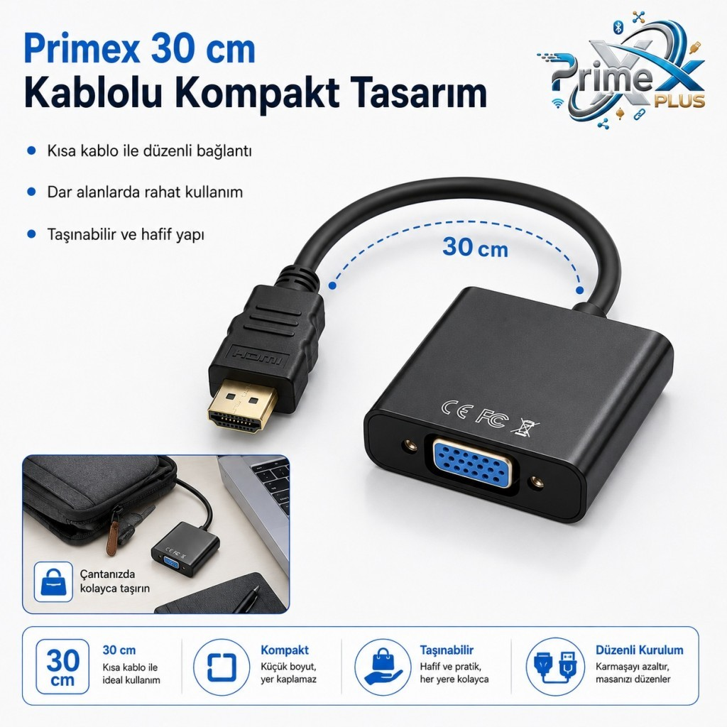 CE ve FC işaretli siyah 30 cm HDMI - VGA adaptör kablosu.