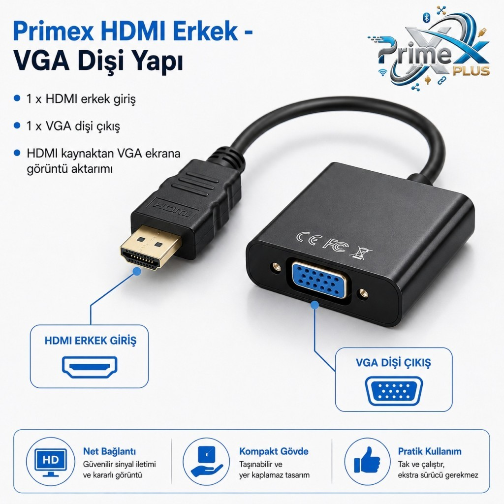 Siyah HDMI - VGA adaptör, HDMI erkek ve VGA dişi girişli.