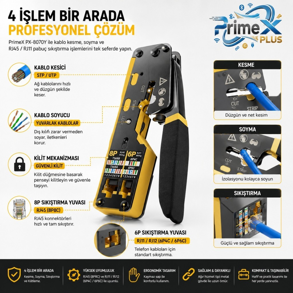 Kesme, soyma ve sıkıştırma işlevlerini gösteren sarı ve siyah ağ kablosu aleti.