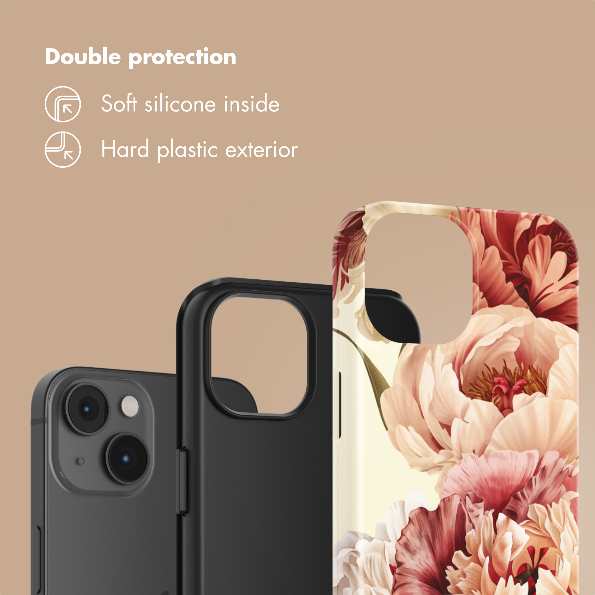 Un iPhone nero e una cover con motivo floreale.