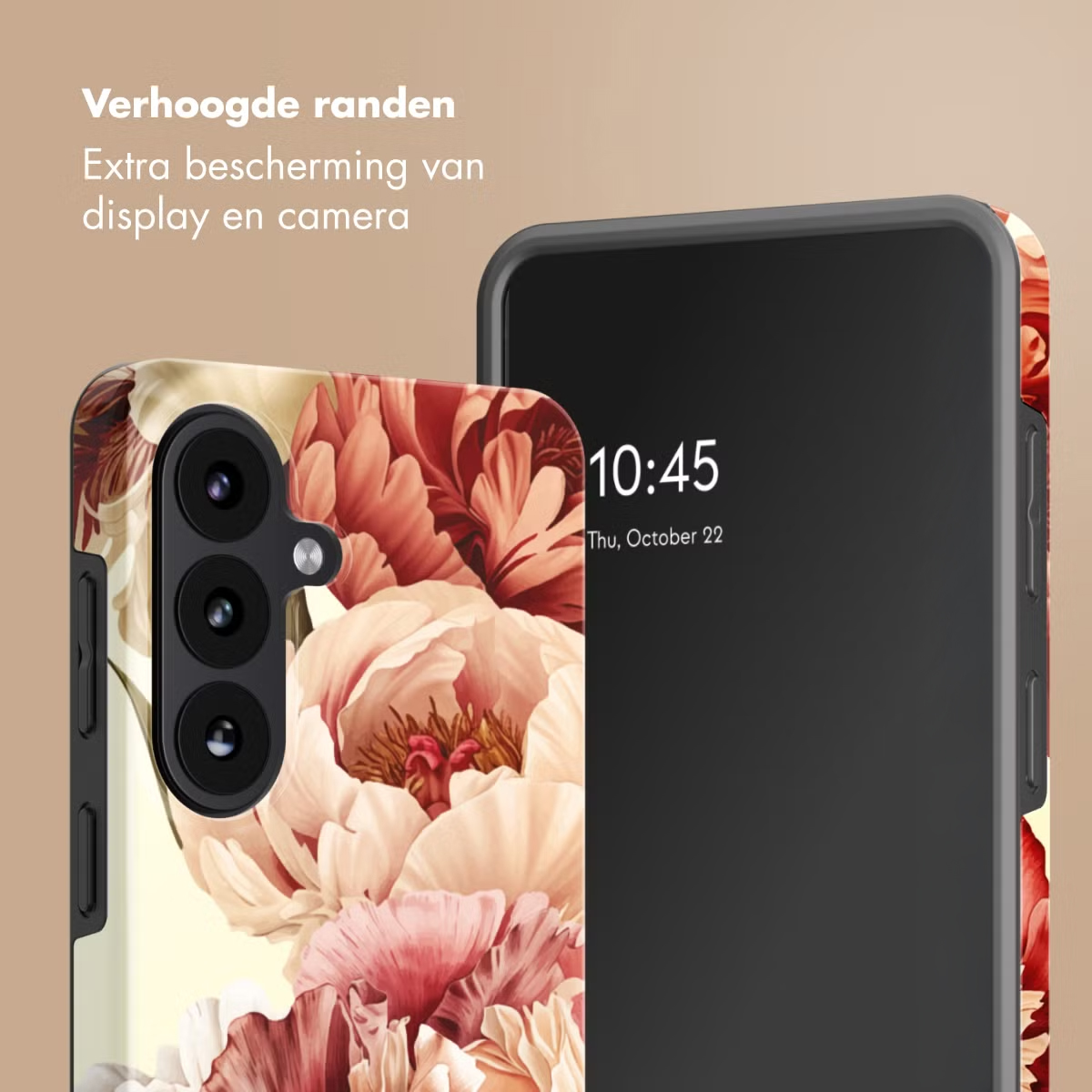Custodia per telefono con motivo floreale e bordi rialzati che proteggono uno smartphone.