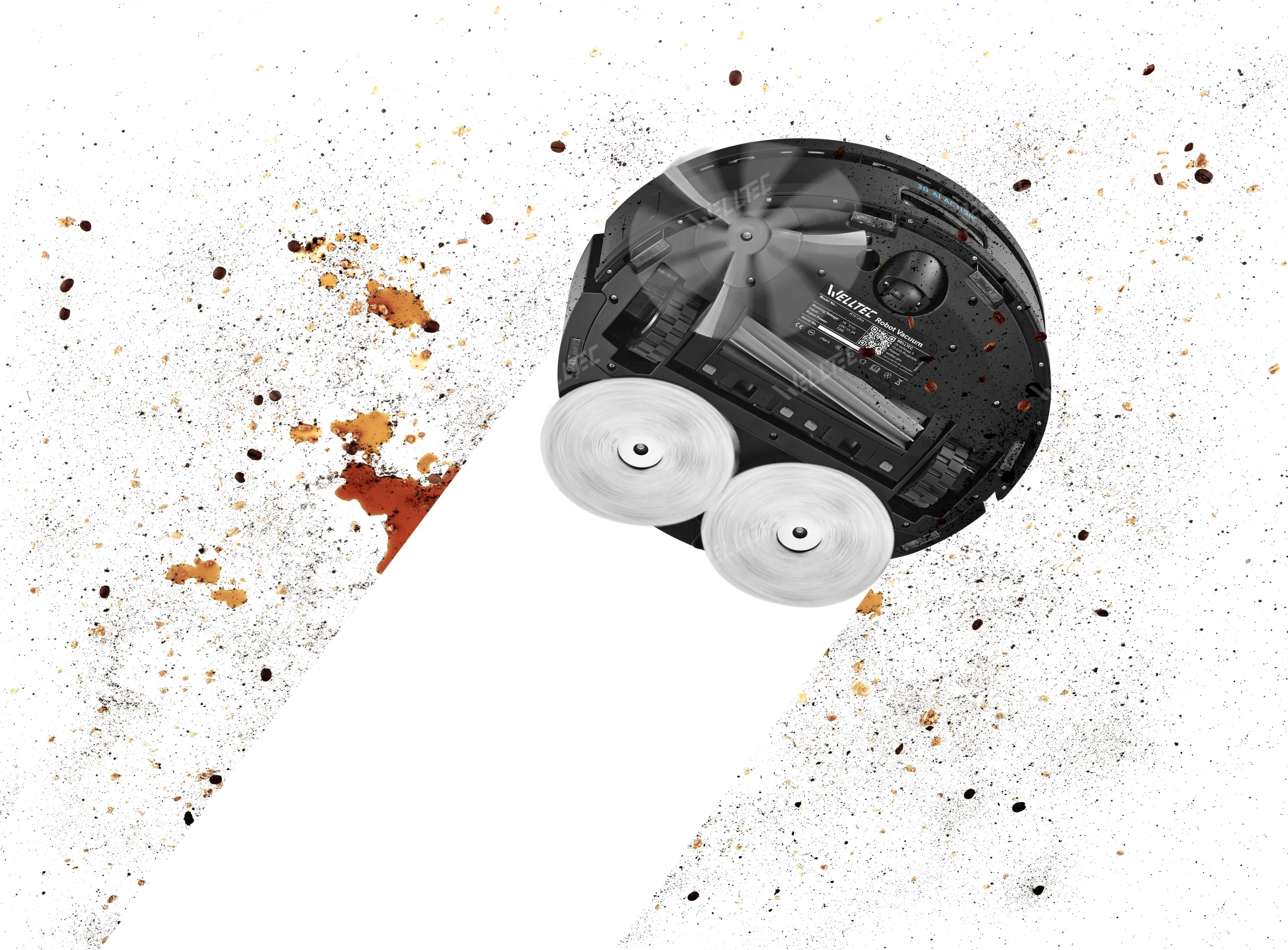 Czarny robot sprzątający czyści plamy po kawie i okruchy na białym tle.