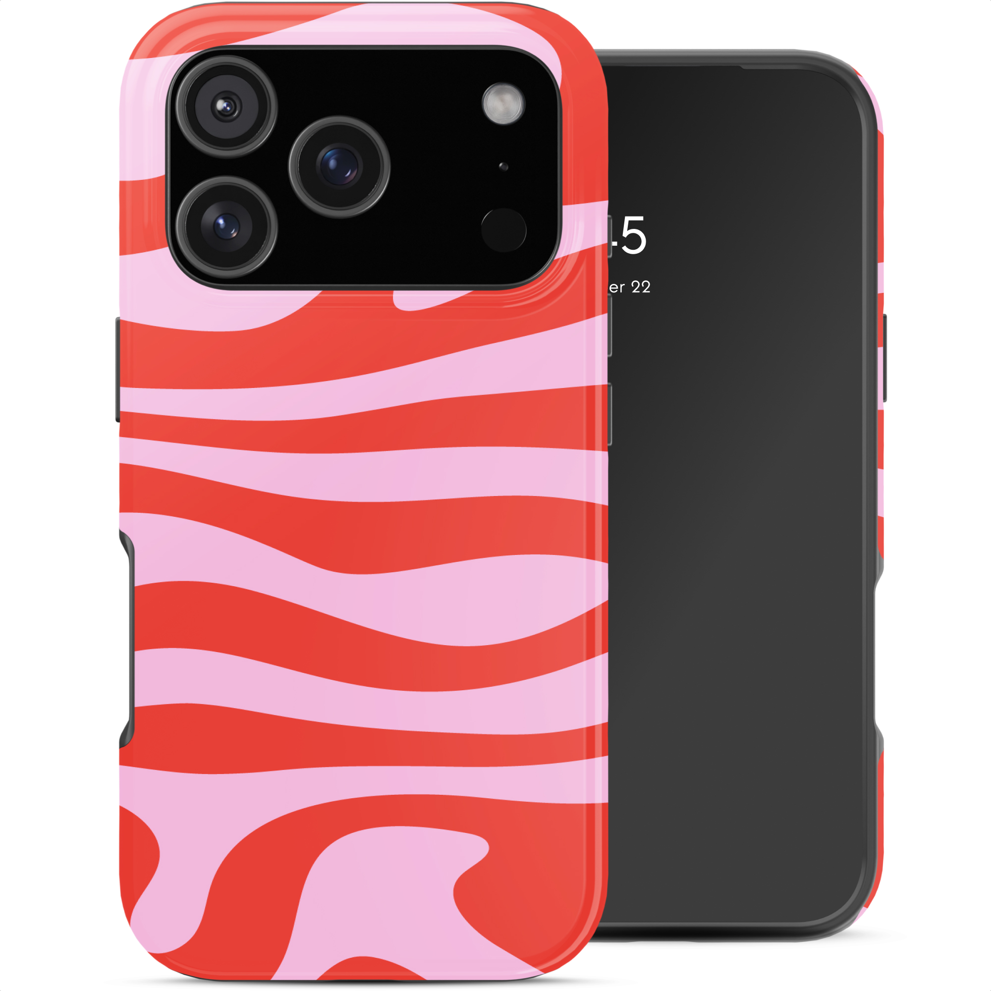 Custodia per telefono a righe rosse e rosa accanto a uno smartphone scuro.