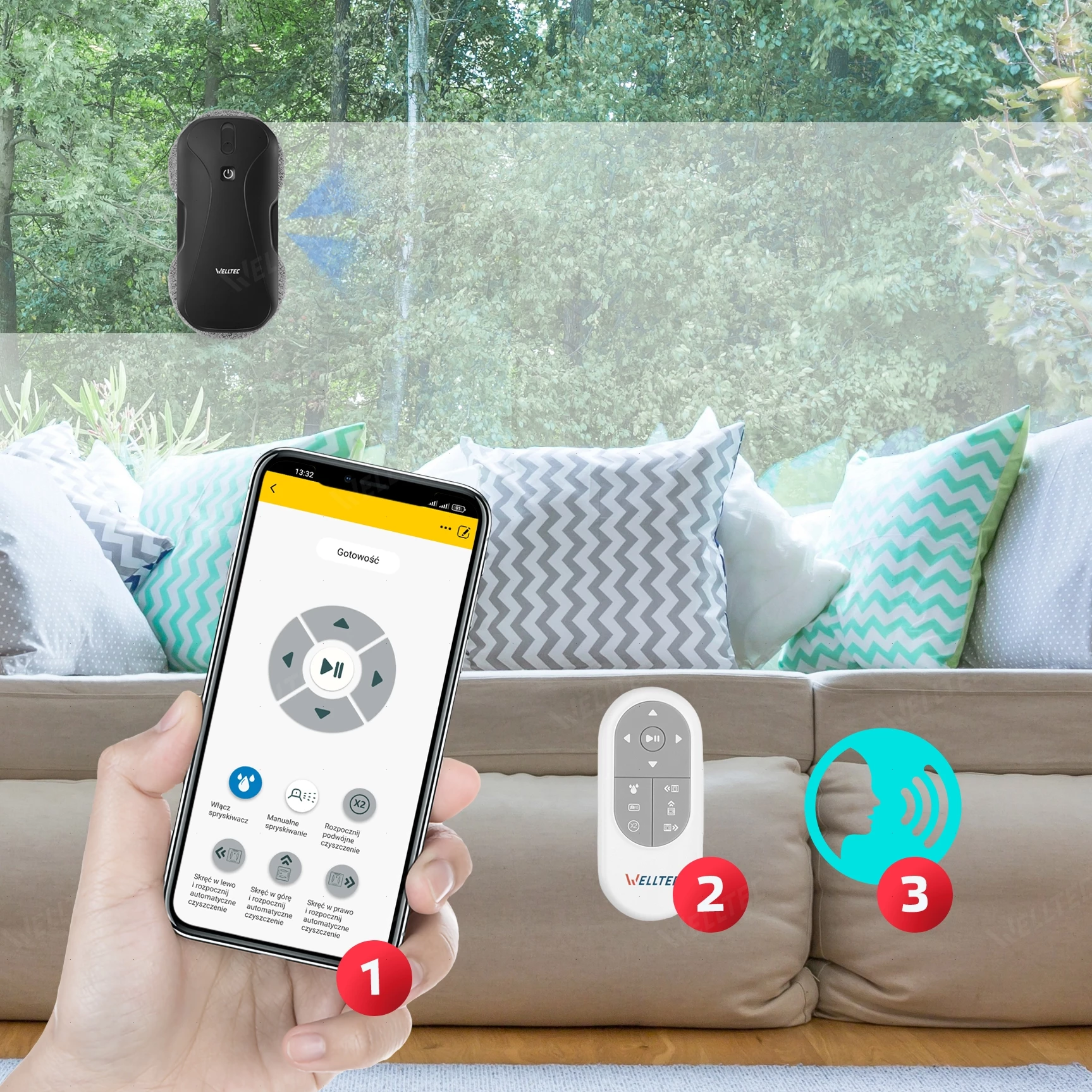 Czarny robot do czyszczenia okien przylega do okna. Smartfon wyświetla aplikację pilota.