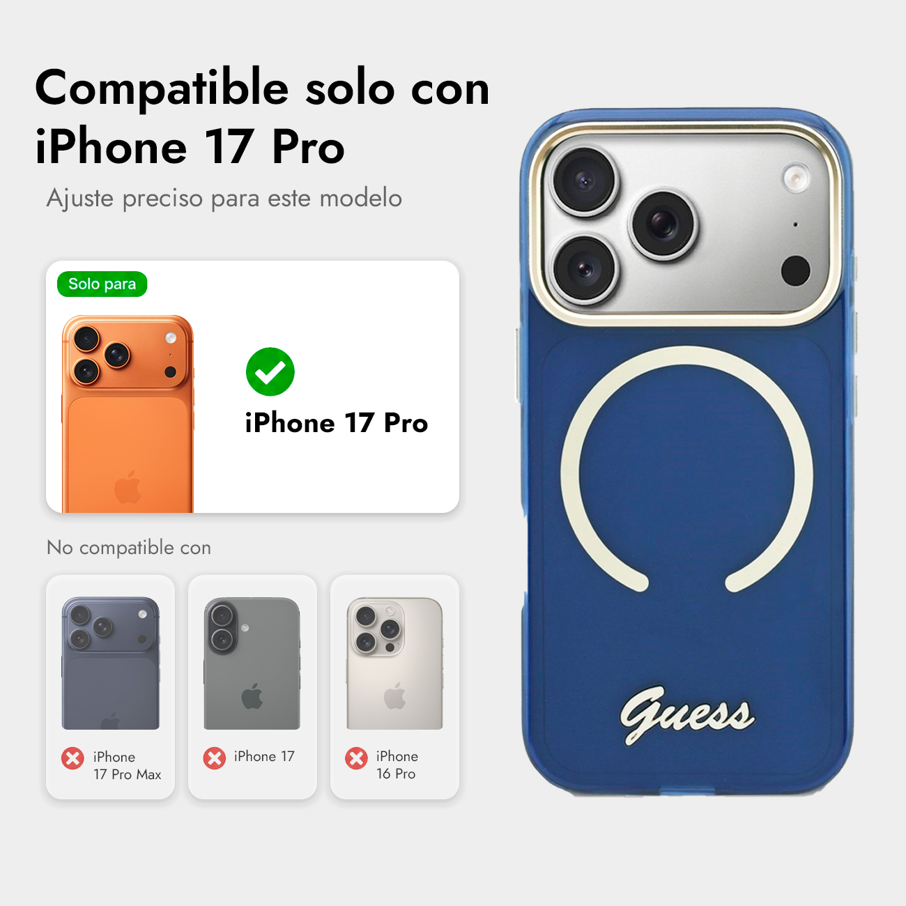Funda azul para iPhone 17 Pro con logo Guess, solo compatible.