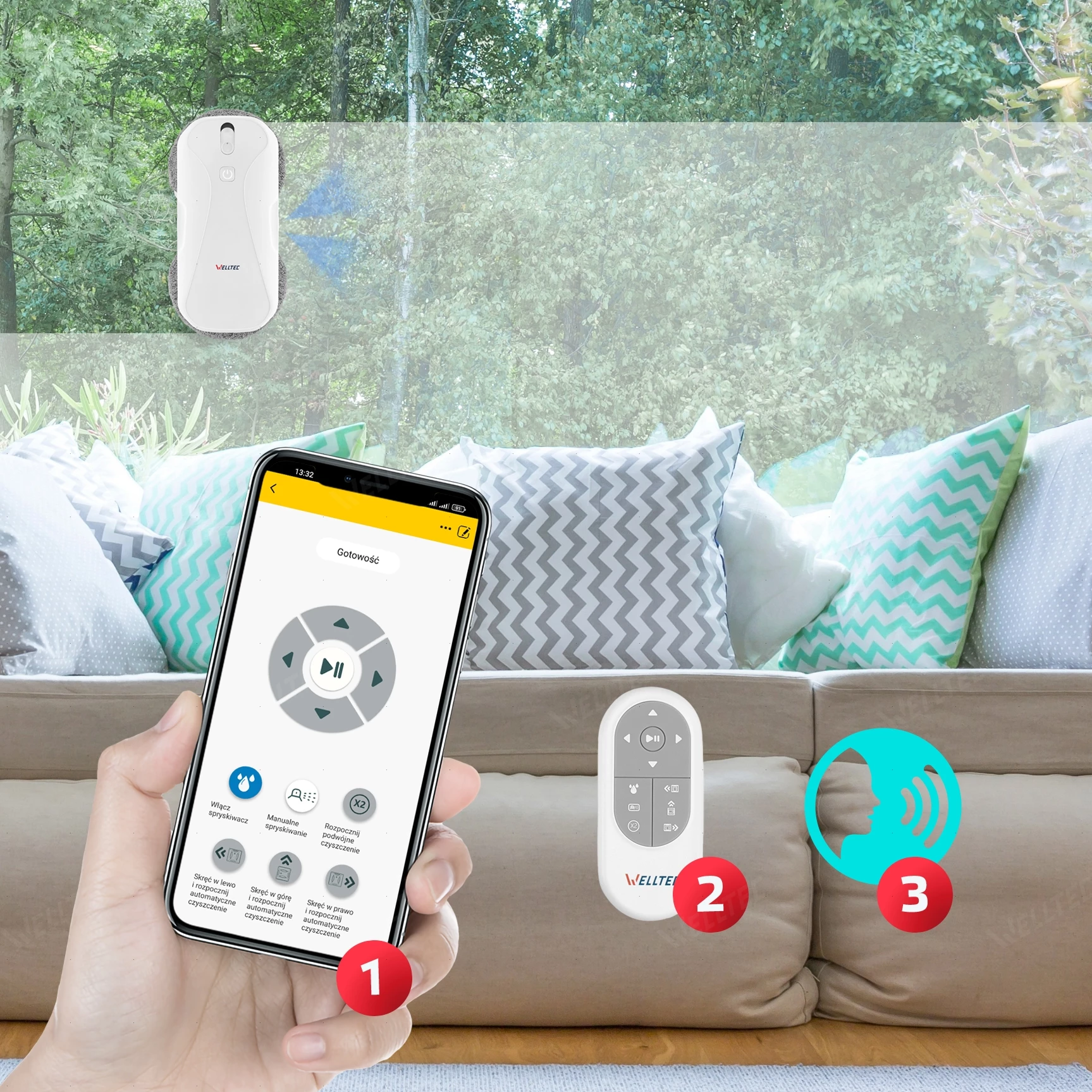 Biały robot do czyszczenia okien przyczepiony do szyby. Ręka trzyma smartfon z aplikacją pilota.