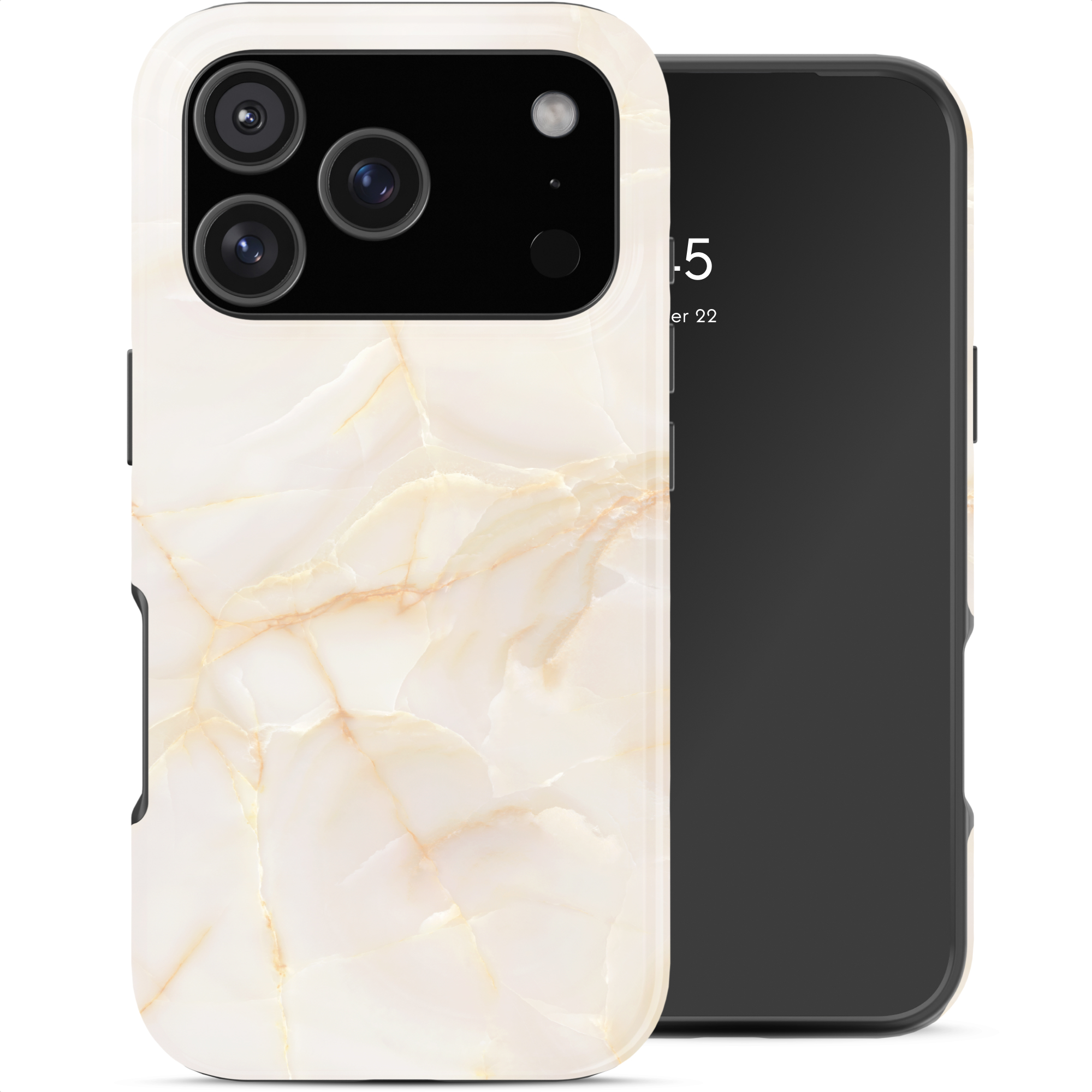 Uno smartphone con custodia effetto marmo e modulo fotocamera.