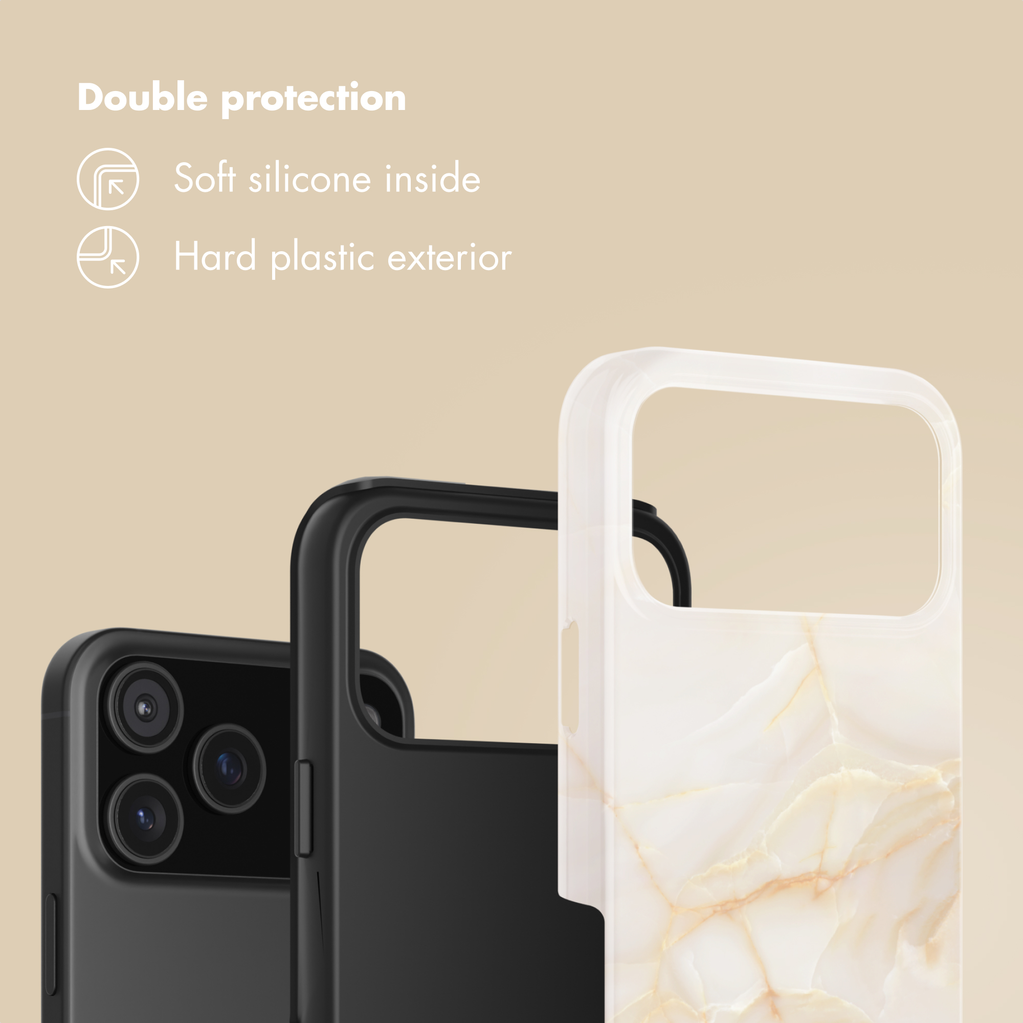 Tre custodie per telefono: nere, nere con fotocamere e bianche marmorizzate.
