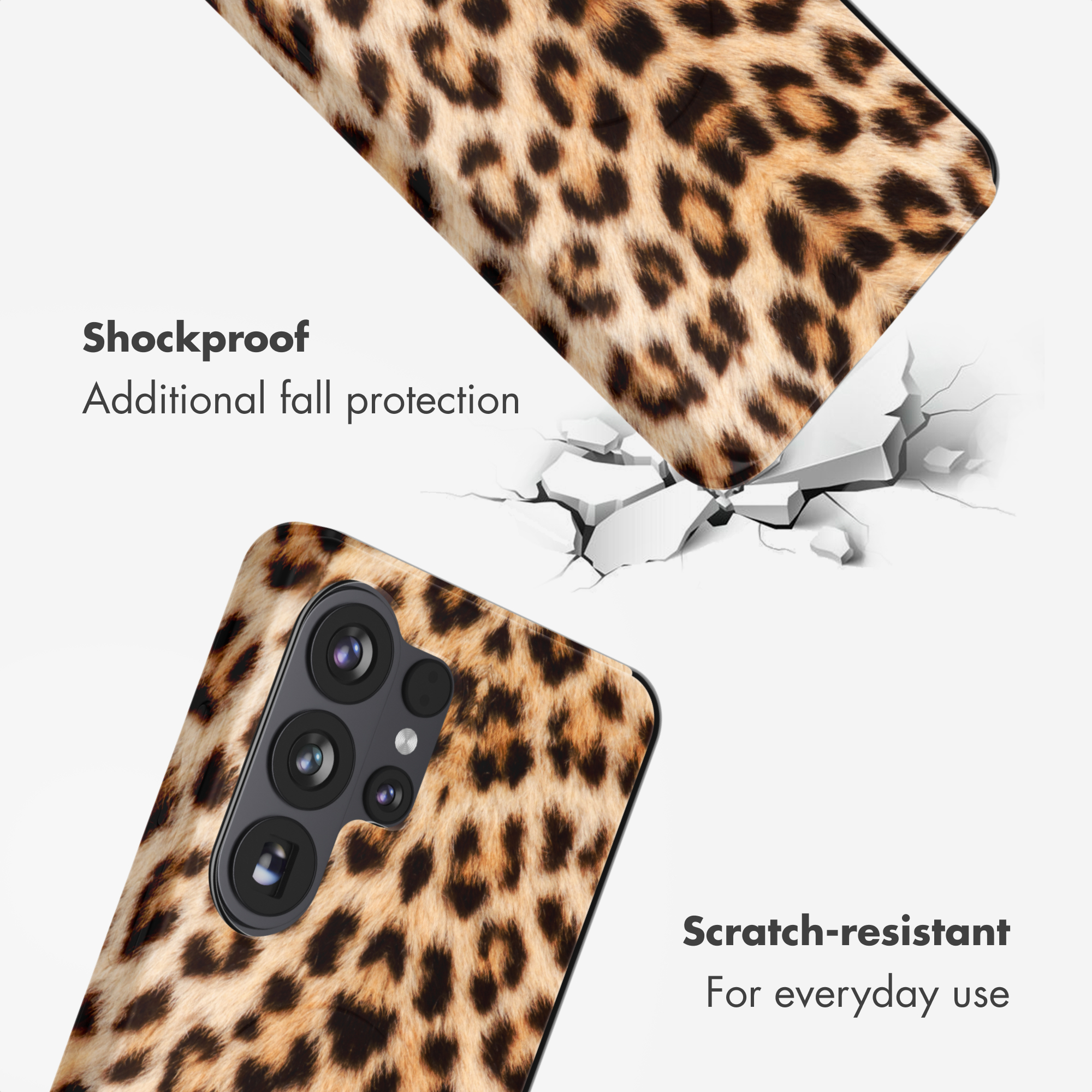 Funda de teléfono con estampado de leopardo rompe superficie blanca.