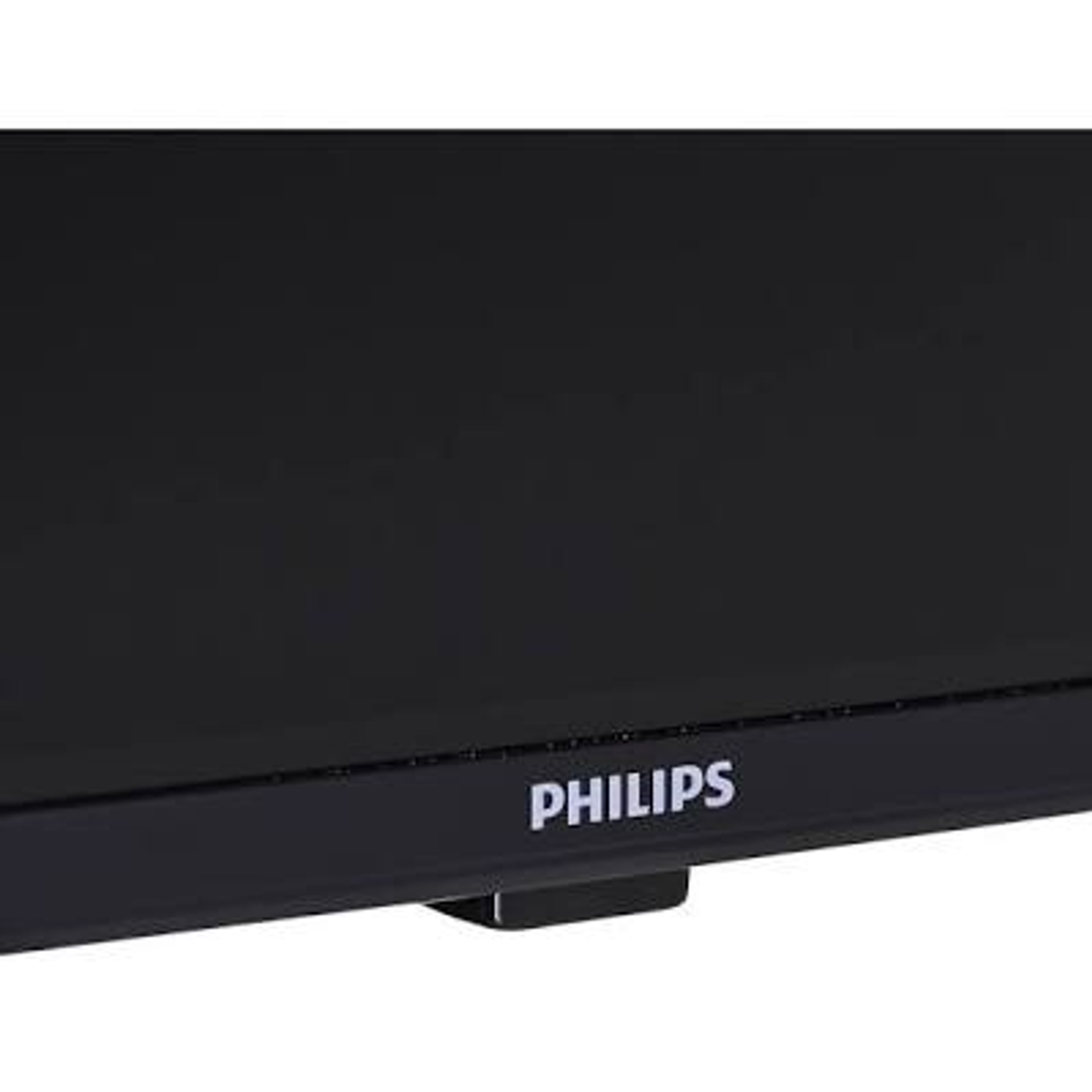 Nahaufnahme des schwarzen Philips-Logos auf einem schwarzen Fernseher.