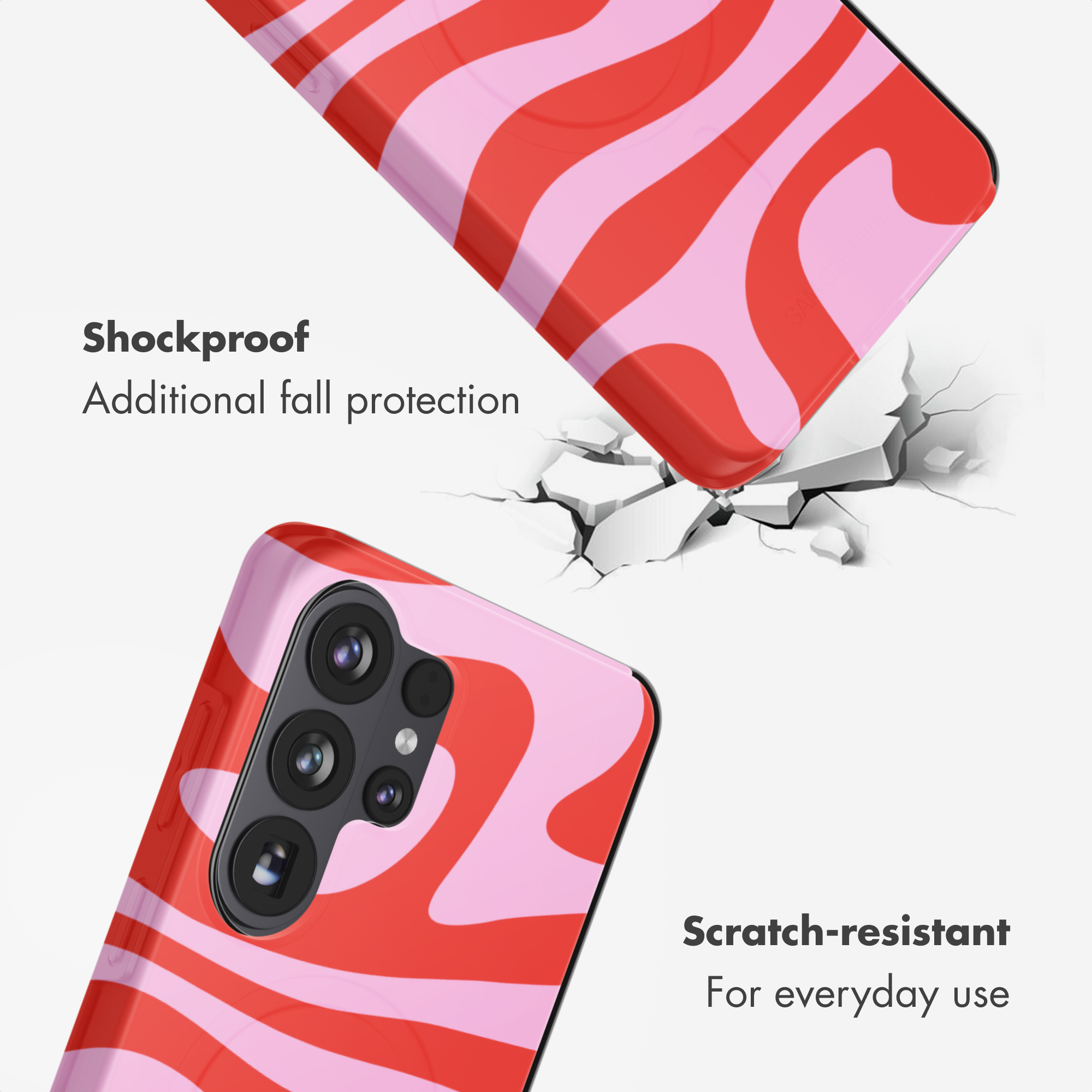 Funda de teléfono roja y rosa con patrón ondulado, a prueba de golpes.