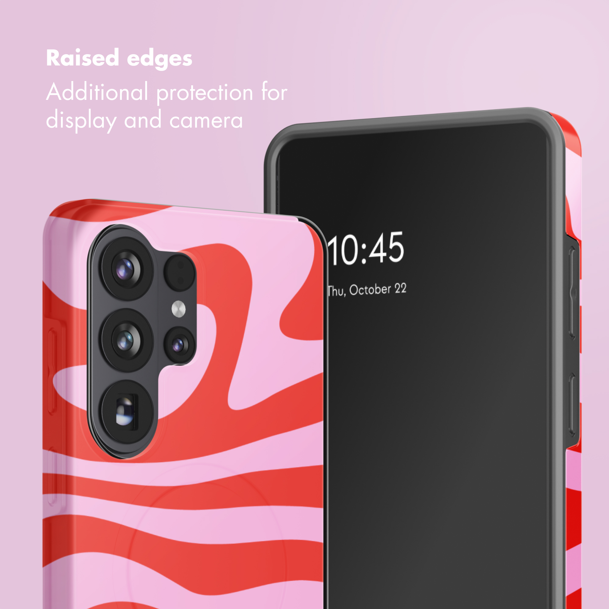 Funda de teléfono rosa con patrón de remolino rojo y parte trasera de teléfono.
