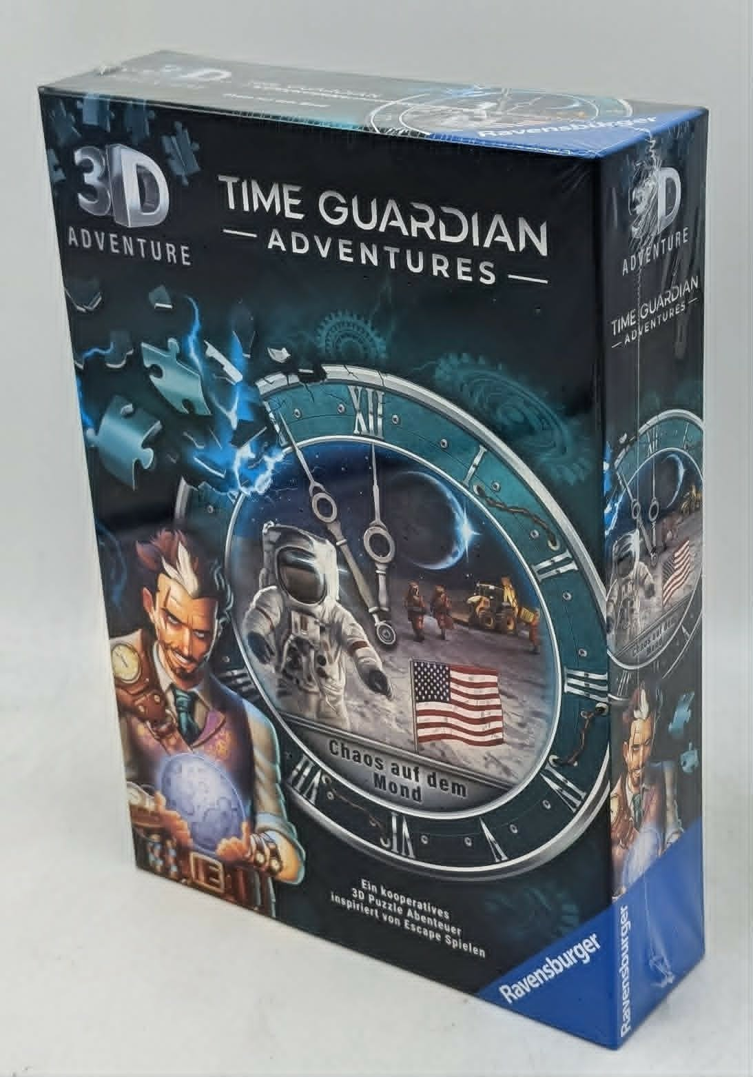 Verpackung des Spiels 'Time Guardian Adventures' mit einem Mann, Astronauten auf dem Mond und einer Uhr.