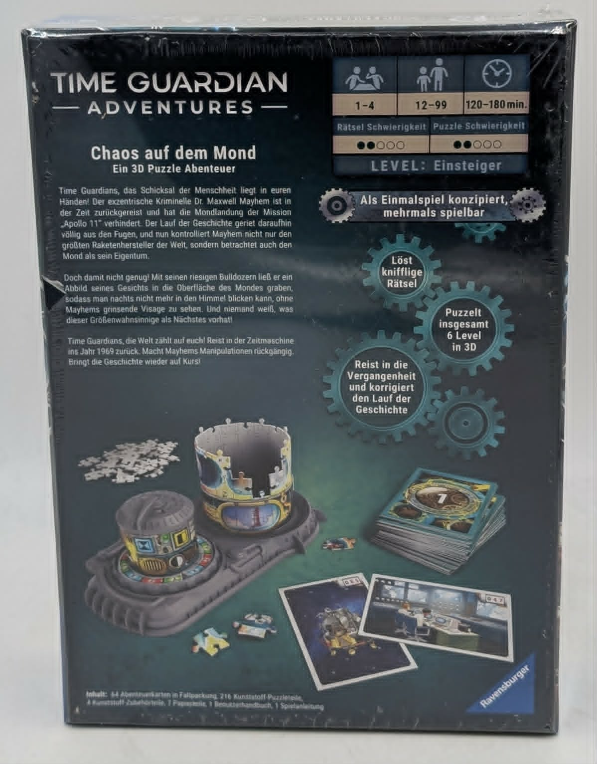 Verpackung des Spiels 'Time Guardian Adventures' mit 3D-Puzzle und Spielkarten.