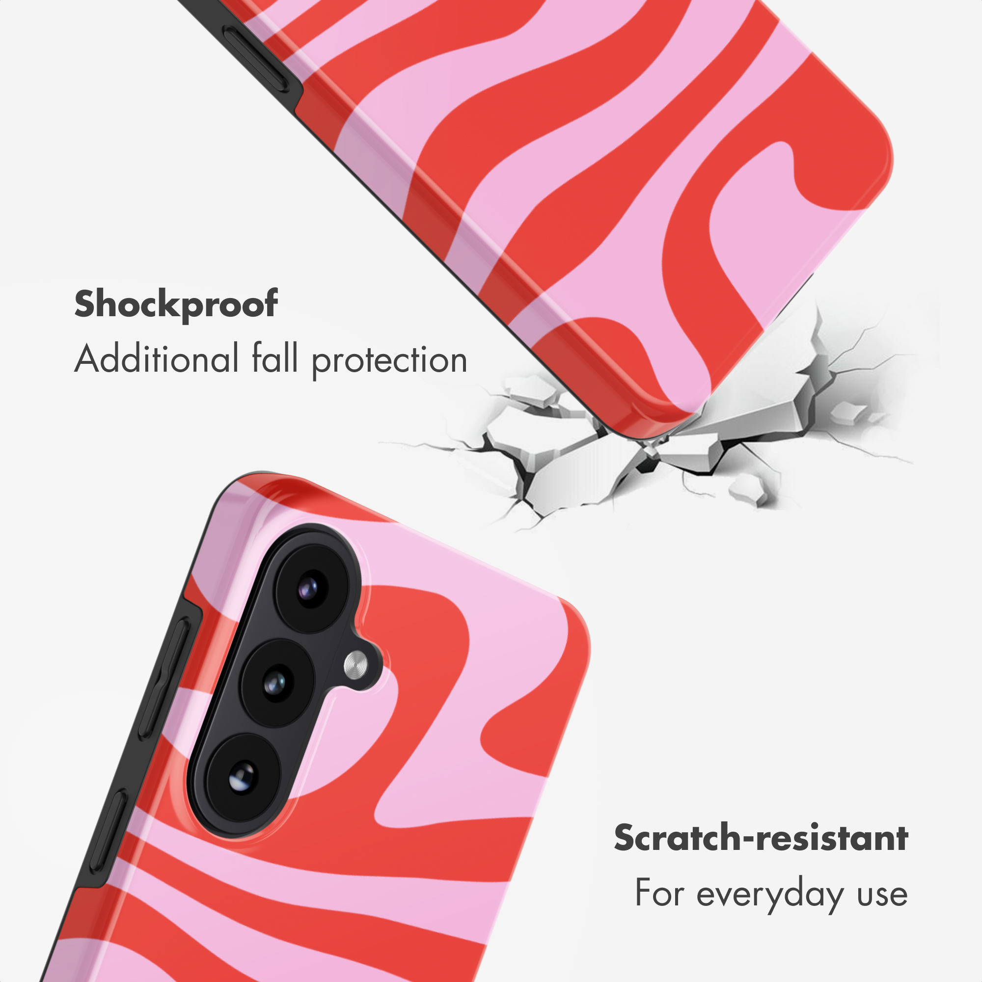 Cover per telefono rosa e rossa con motivo ondulato su terreno incrinato.