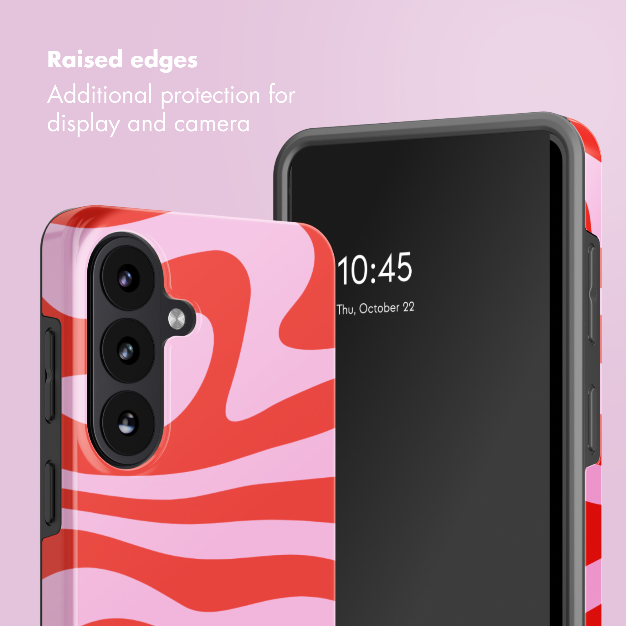 Un telefono con custodia a motivo vorticoso rosso e rosa. Bordi rialzati per protezione.