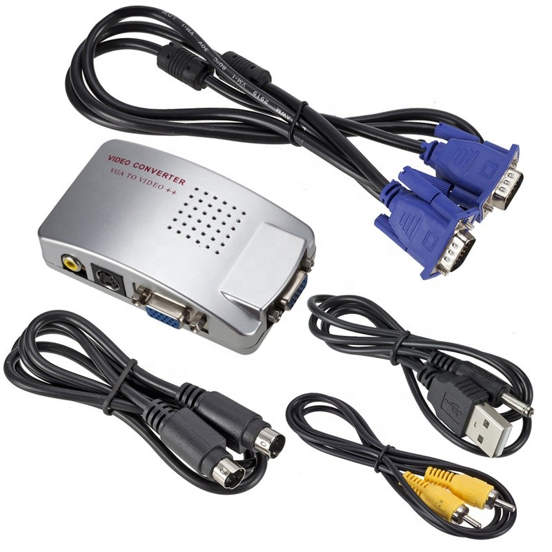 Gümüş video dönüştürücü VGA, S-Video ve RCA kabloları.