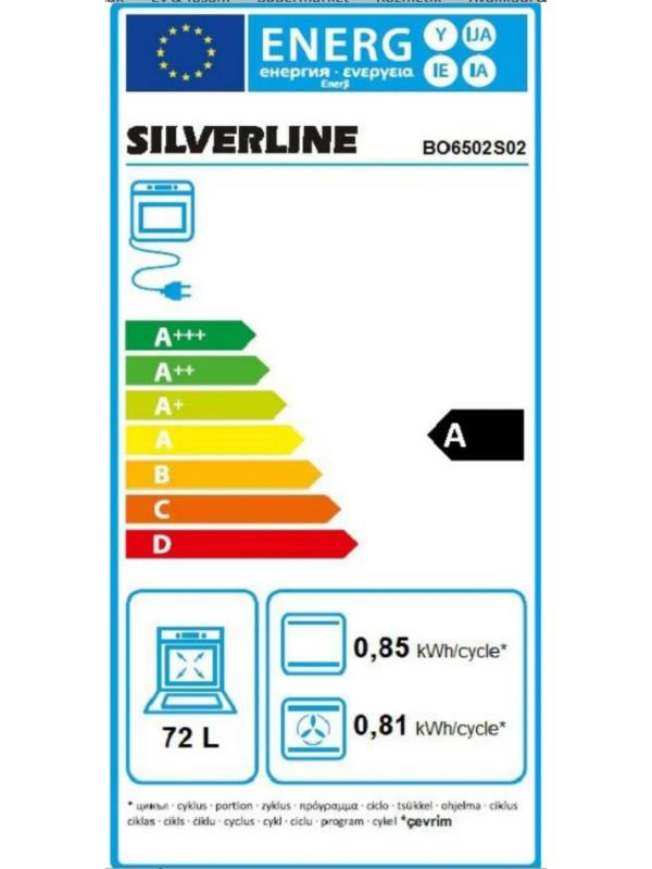 SILVERLINE BO6502S02 fırın enerji etiketi, 72 L kapasite, A verimlilik.
