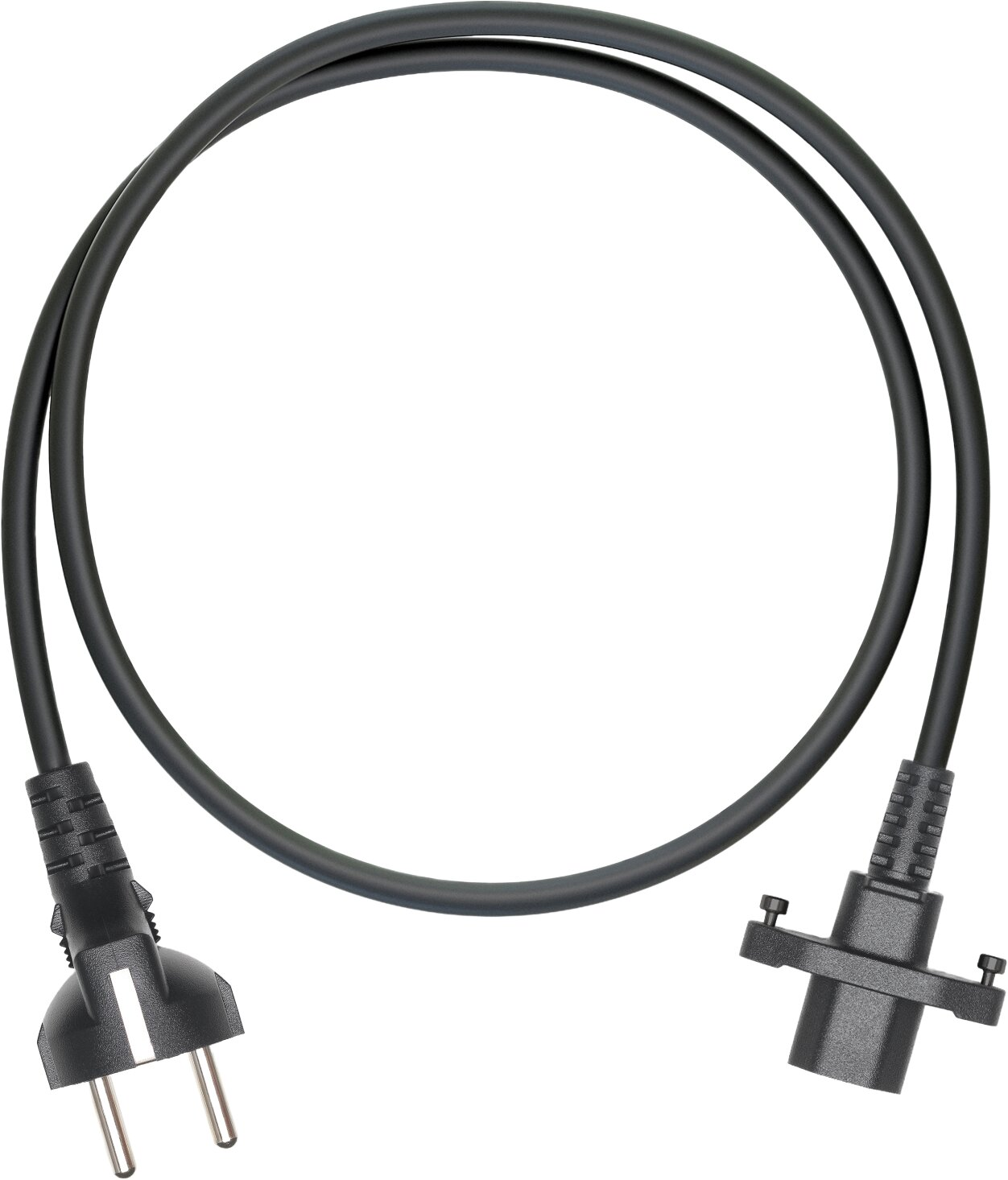 Ein schwarzes Netzkabel mit europäischem Stecker und einer Buchse, auf weißem Grund.