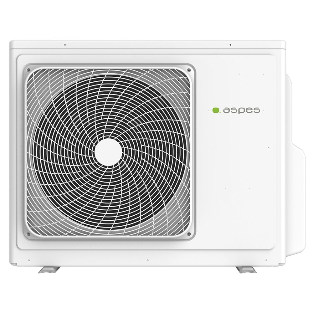 Unidad exterior blanca de aire acondicionado con rejilla de ventilador grande y logo Aspes.