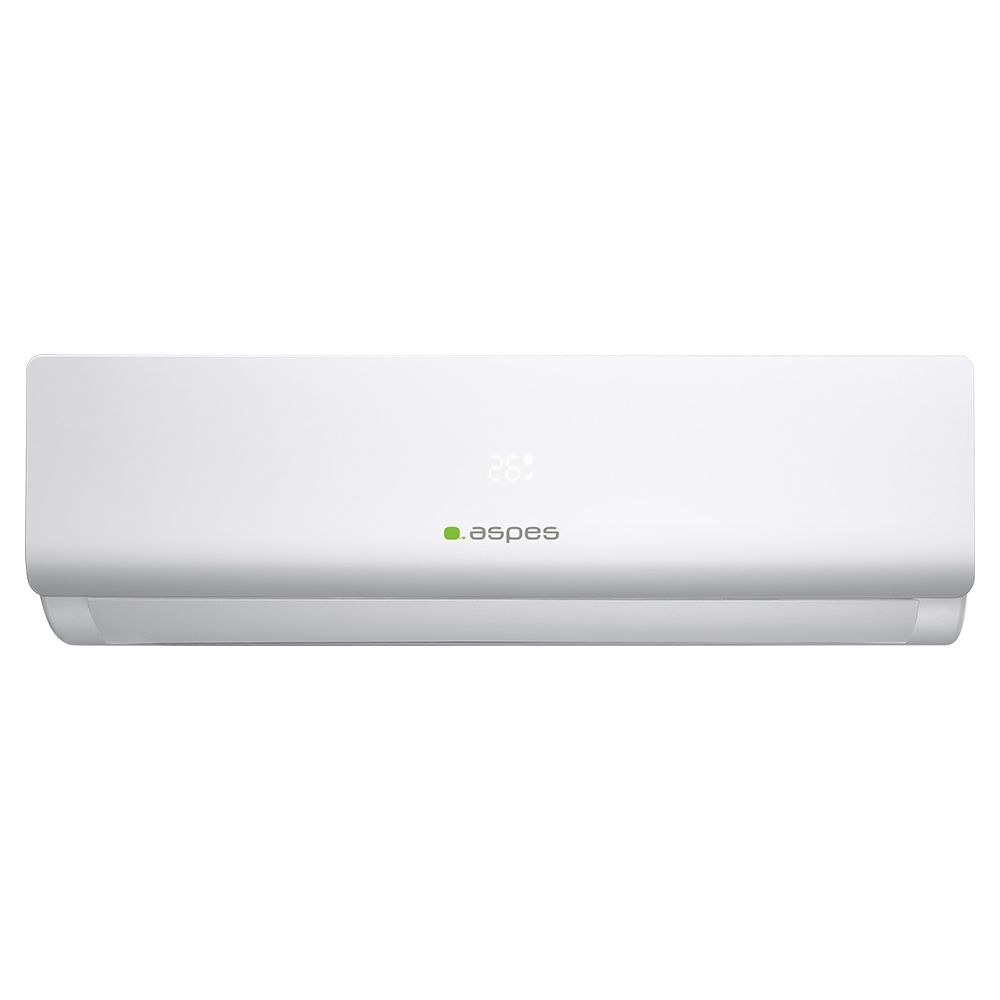 Una unidad de aire acondicionado blanca que muestra 26 grados y el logo de Aspes.