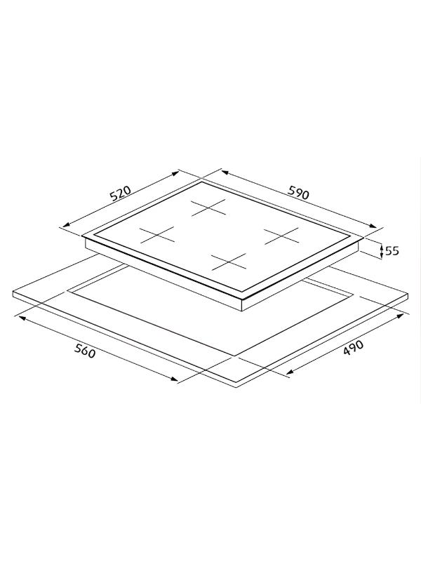 Ankastre ocak 590x520mm, kesit 560x490mm, kalınlık 55mm.
