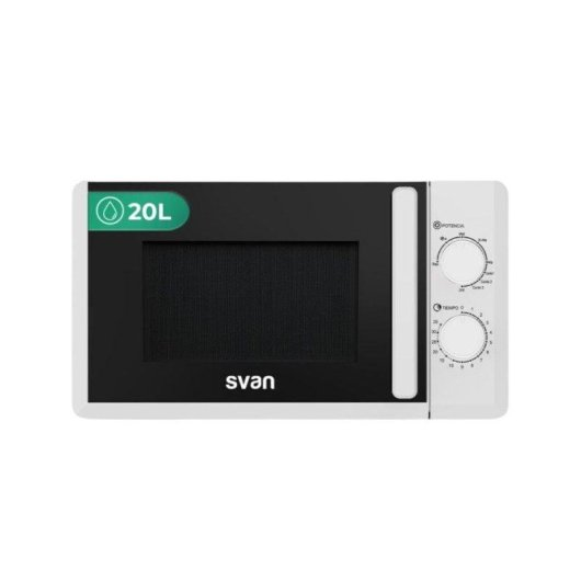 Un forno a microonde bianco con porta nera e due manopole rotanti.
