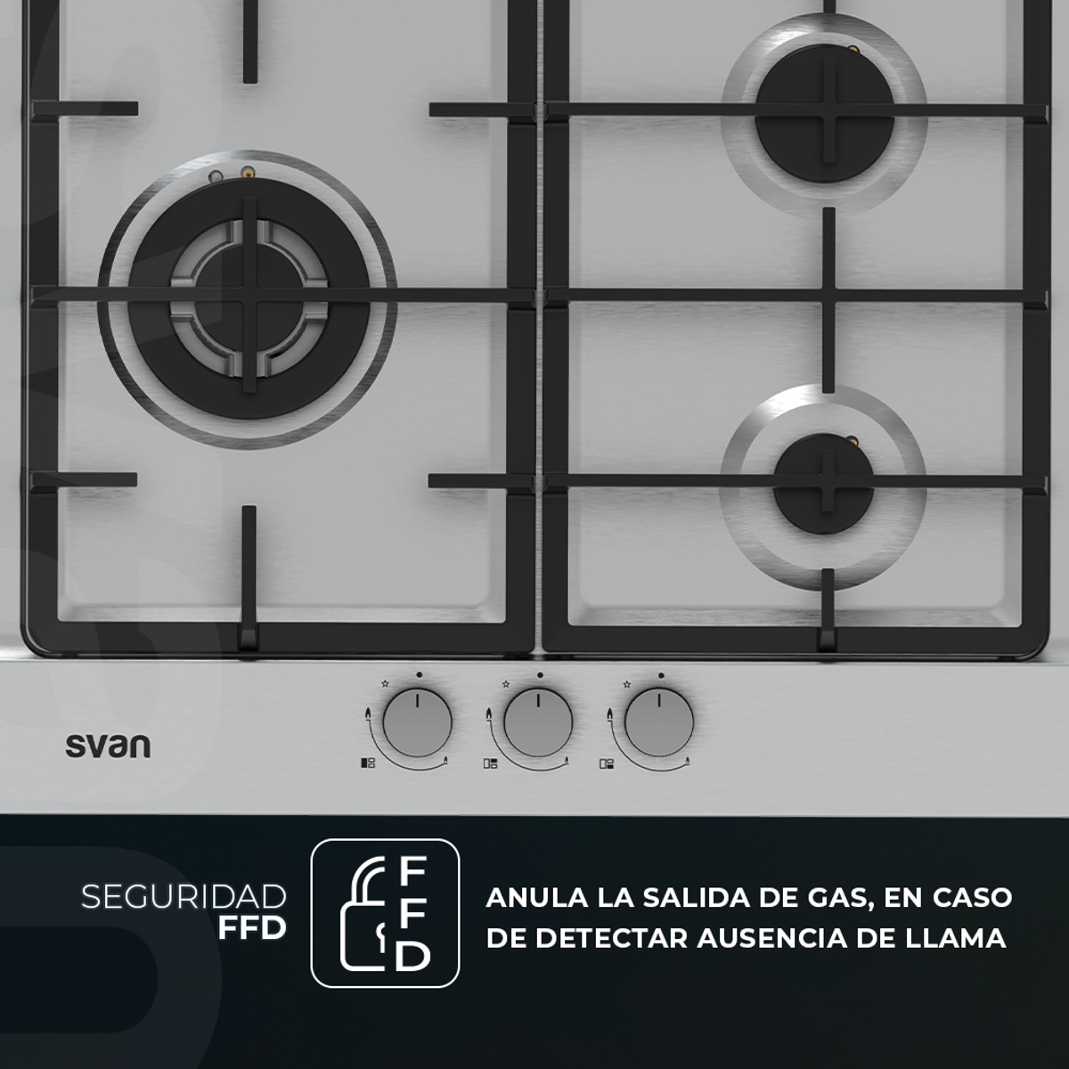 Elegante placa de gas metálica con cuatro quemadores y mandos.
