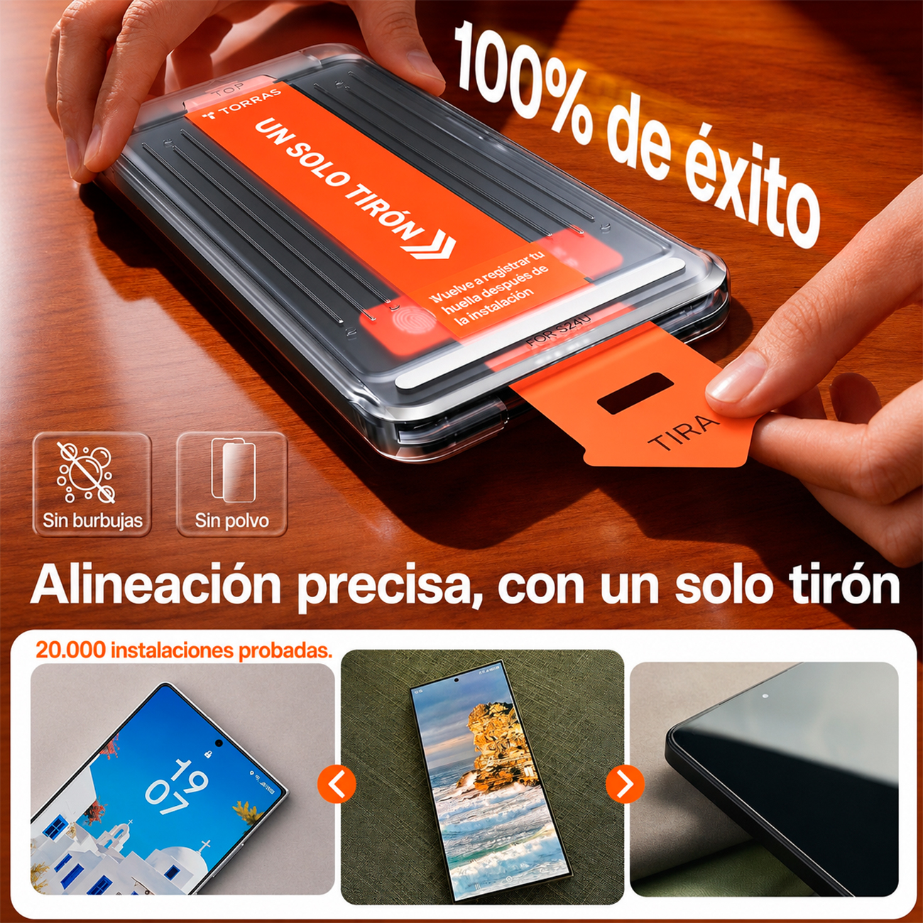 Manos instalan protector de pantalla con herramienta. "100% éxito".