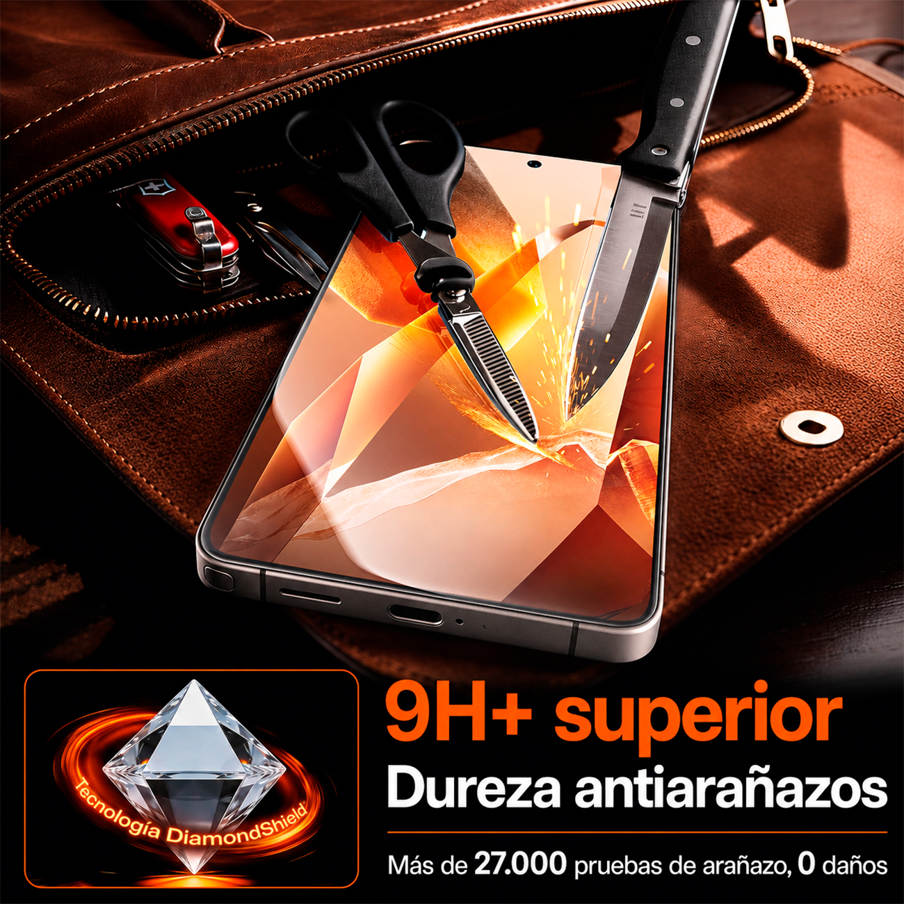 Protector de pantalla de smartphone con icono de diamante, tijeras y cuchillo cerca.