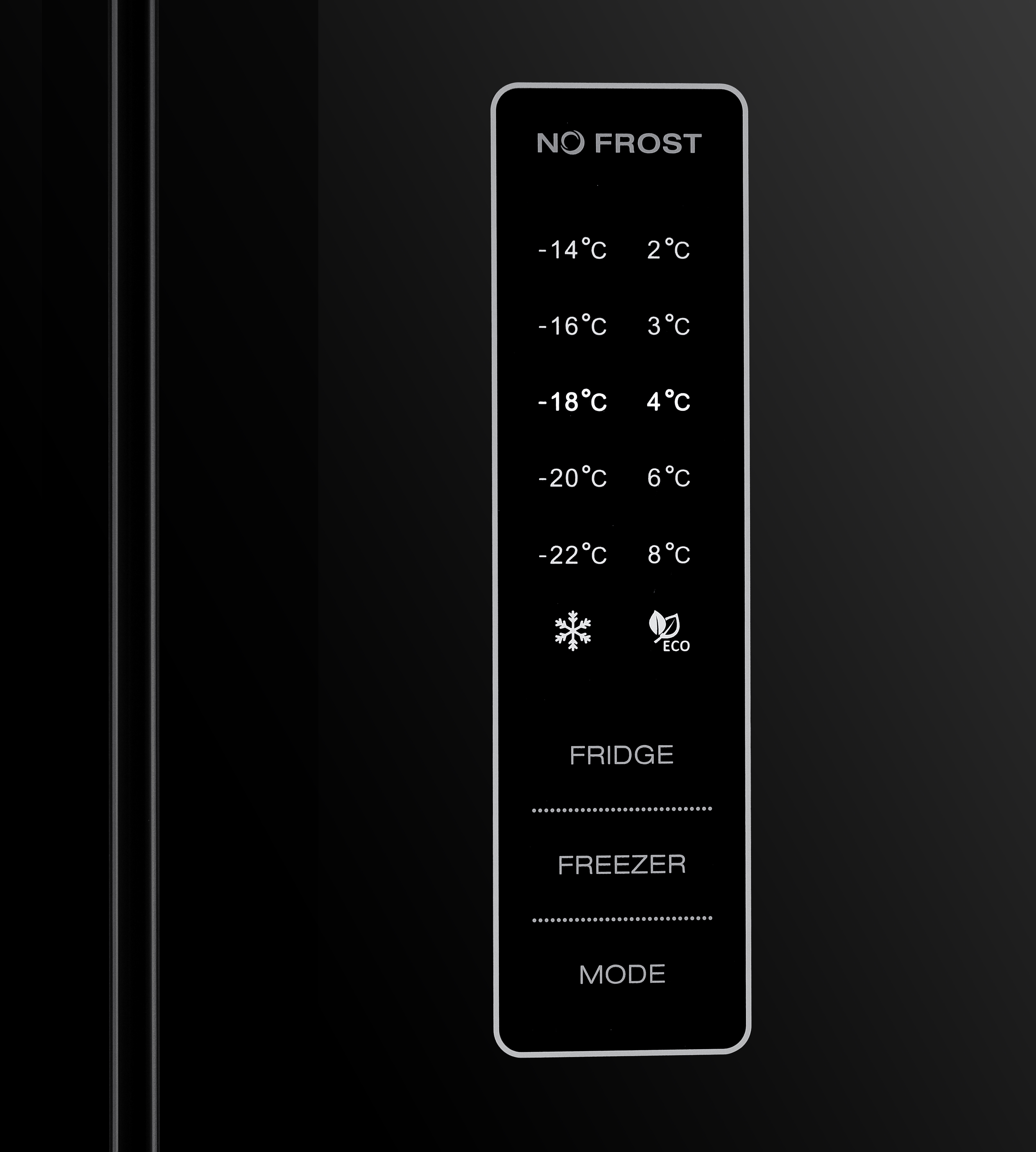 Pantalla digital de refrigerador negro con temperaturas y modos.