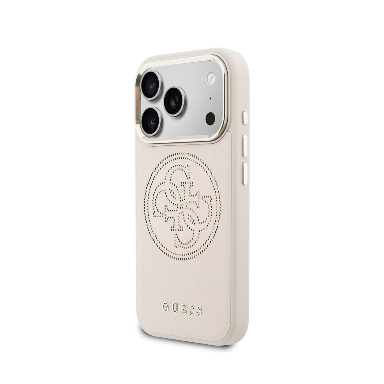 Una funda de teléfono beige con el logo de Guess y recortes para la cámara.