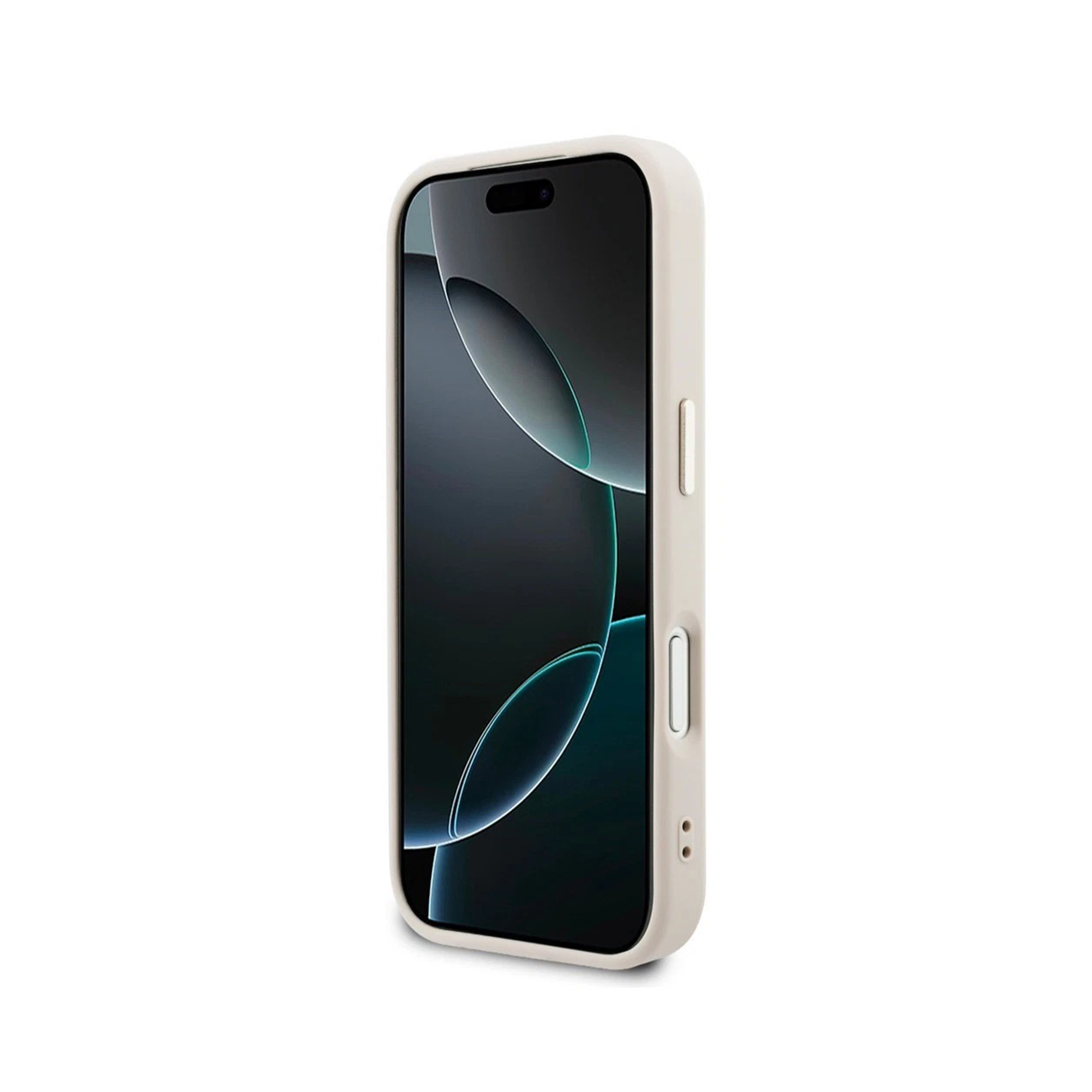 Una funda de teléfono beige claro rodea un smartphone con pantalla oscura.