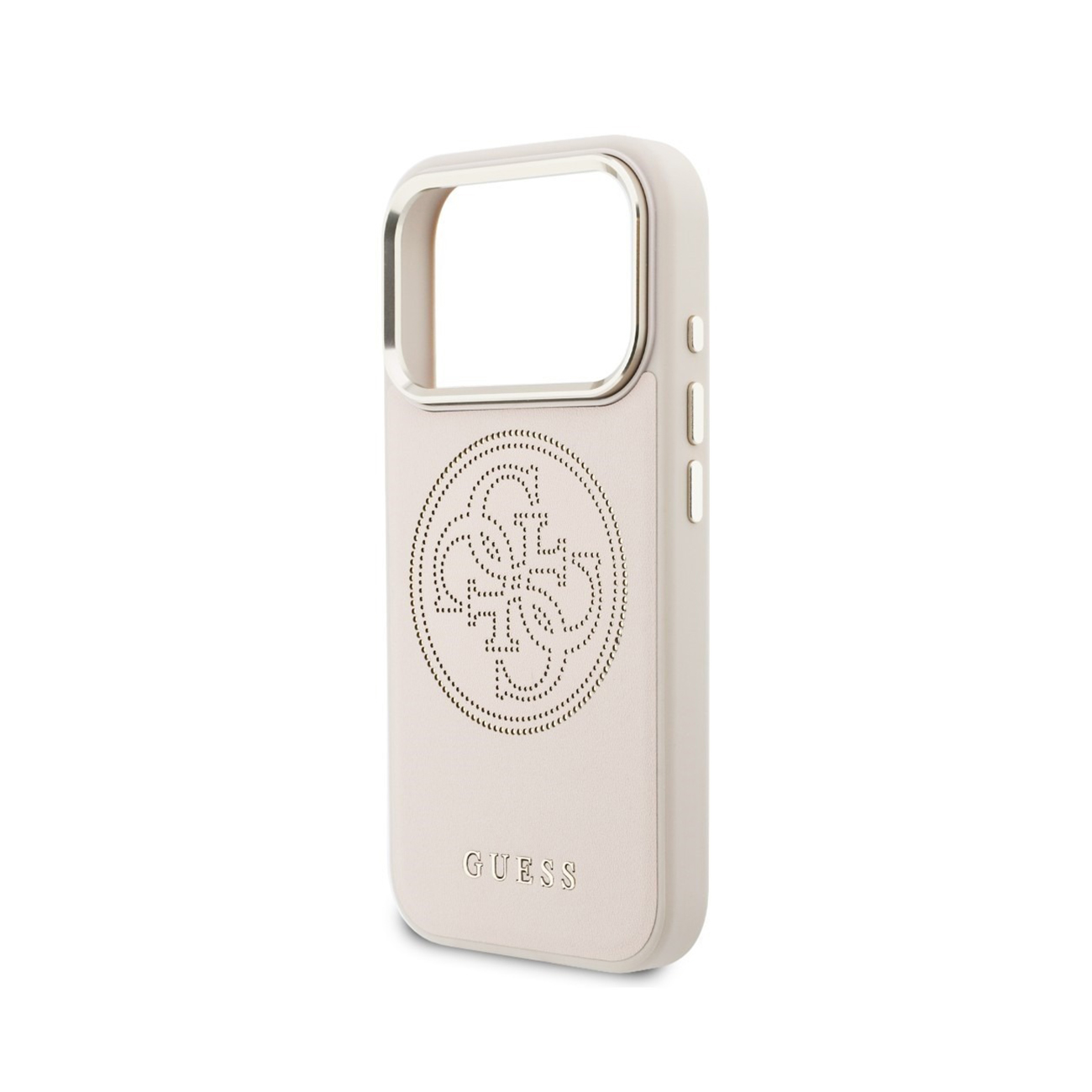 Una funda de iPhone color crema con el logo y texto perforados de Guess en la parte trasera, con ribete plateado alrededor del recorte de la cámara.