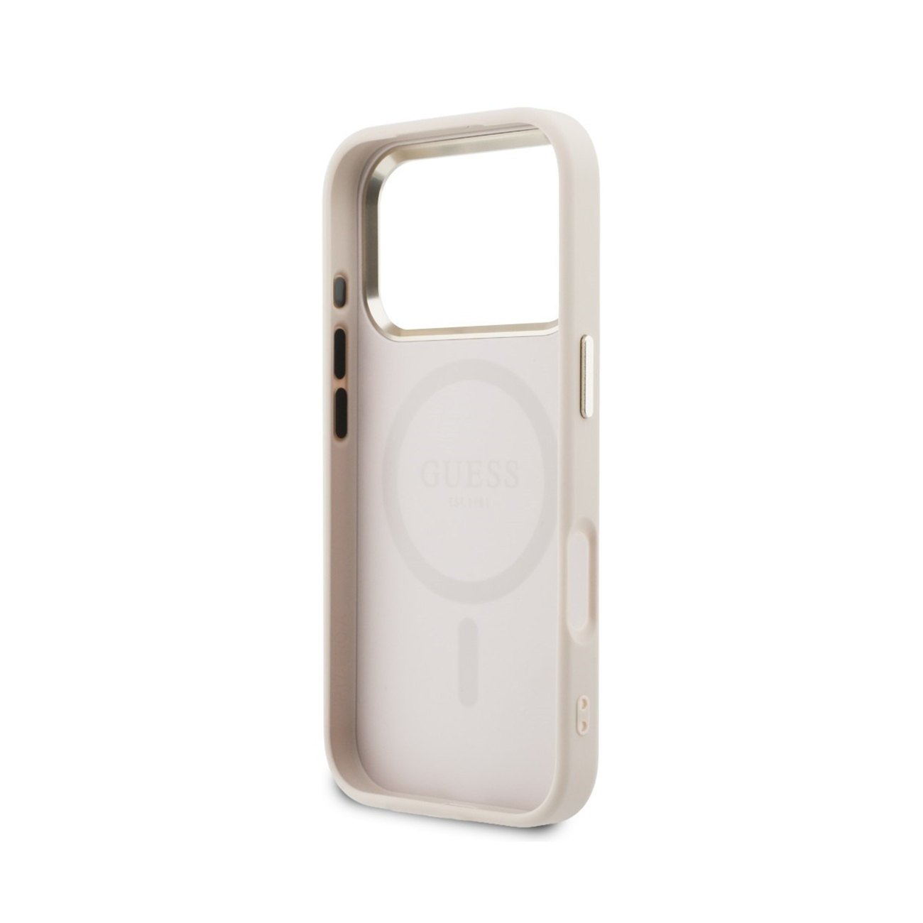 Una funda de teléfono clara y translúcida con un patrón circular y lineal.