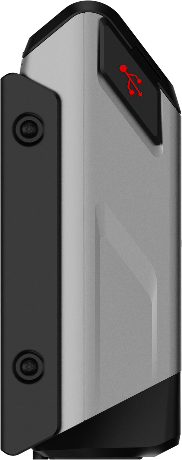 Dispositivo elettronico grigio con simbolo USB rosso e accenti neri.