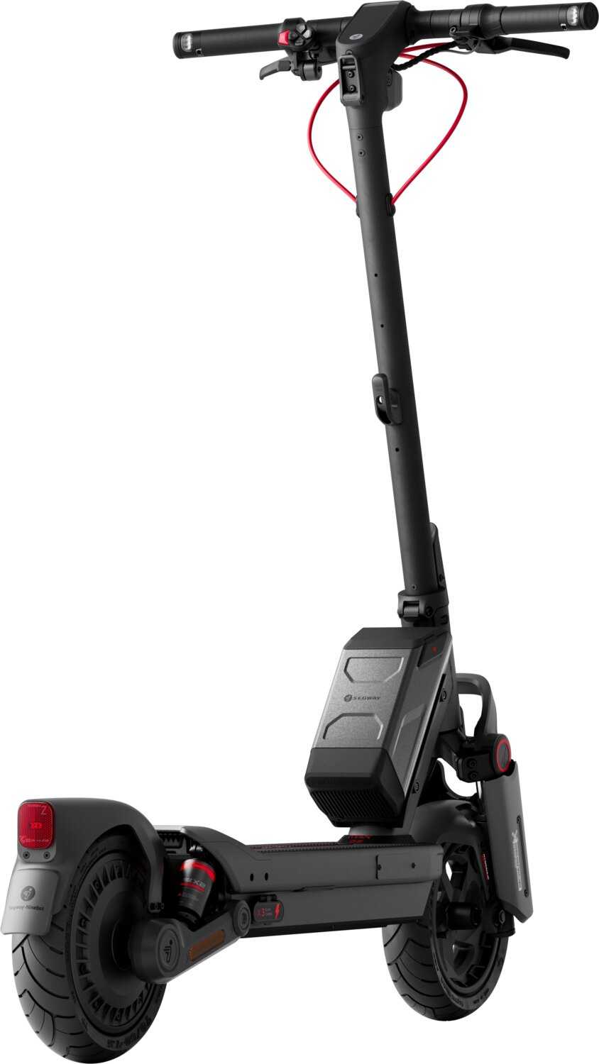 Un monopattino elettrico nero con cavo rosso, ammortizzatore e pneumatici.