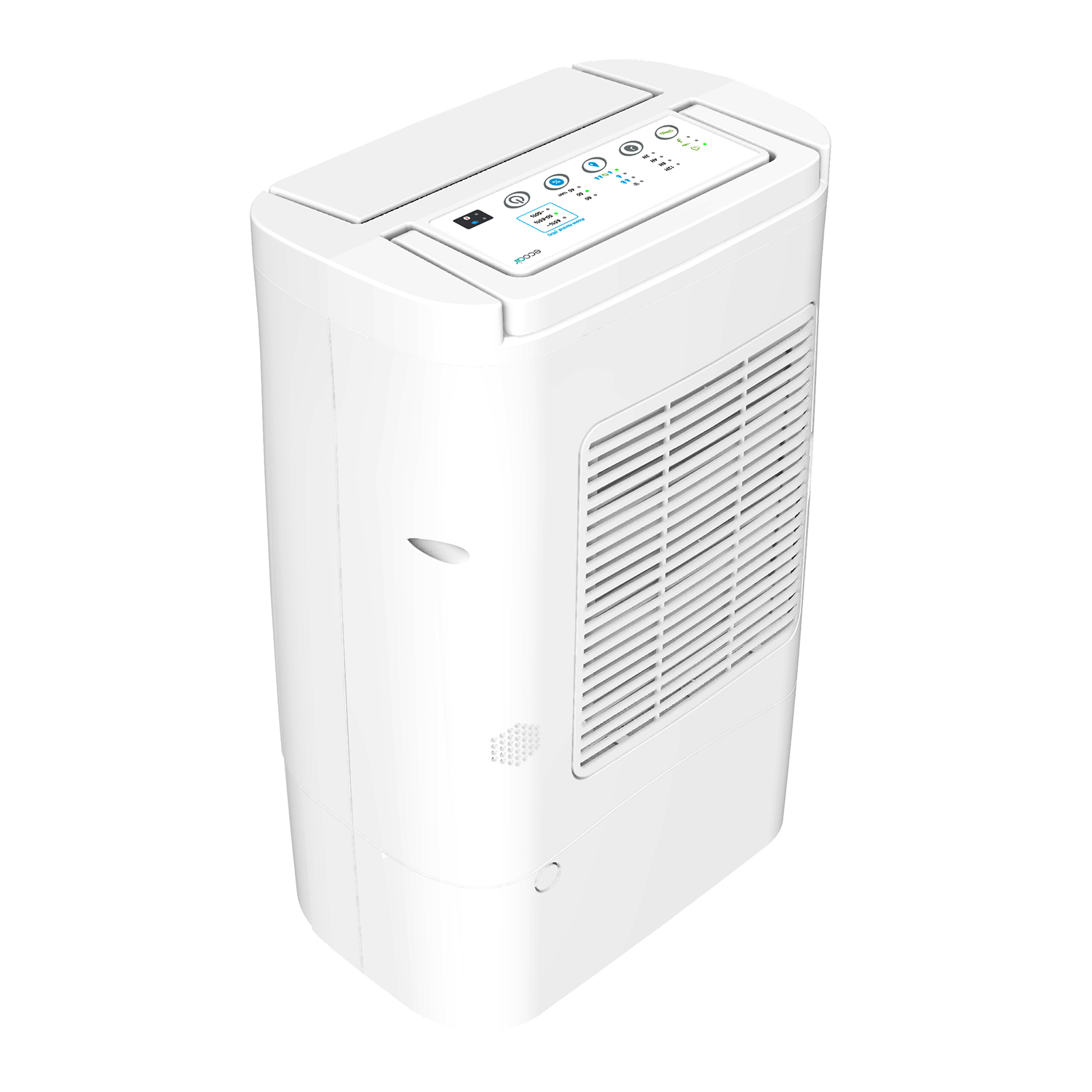 A white dehumidifier with a digital display and vent on the front.