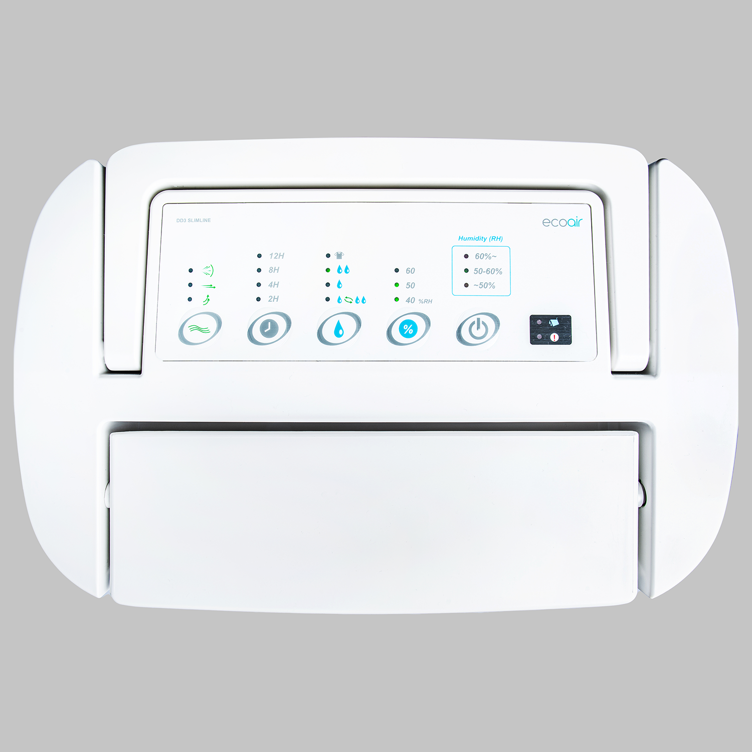 A white EcoAir dehumidifier with control panel and indicators.