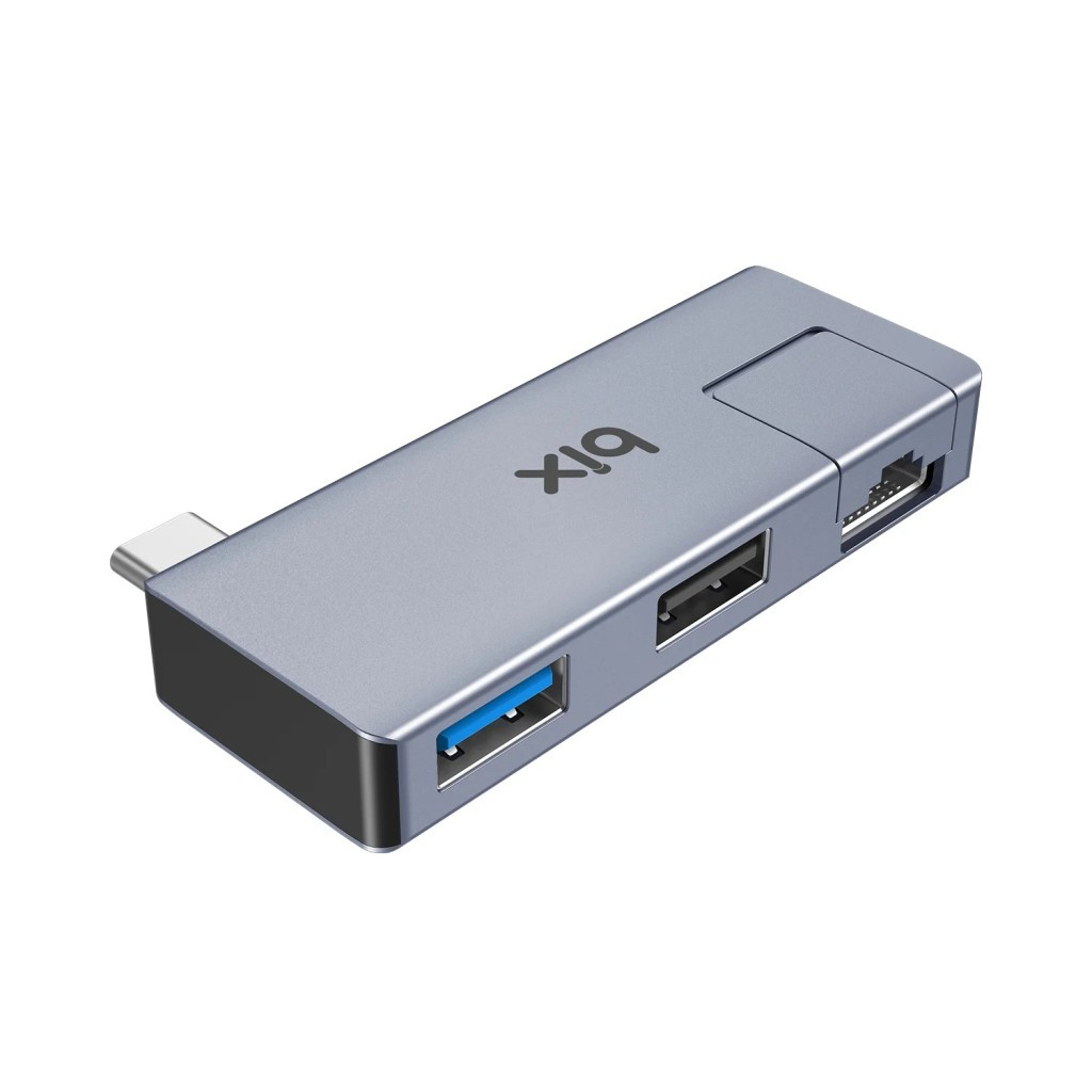 İki USB-A ve bir Ethernet bağlantı noktasına sahip gri USB-C hub.