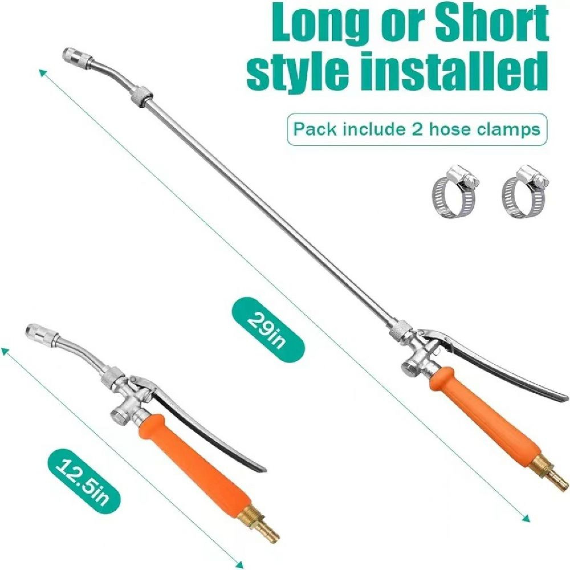 Zwei Sprühstäbe mit orangefarbenen Griffen und Metallspitzen, ein langer 29-Zoll- und ein kurzer 12,5-Zoll-Stab.