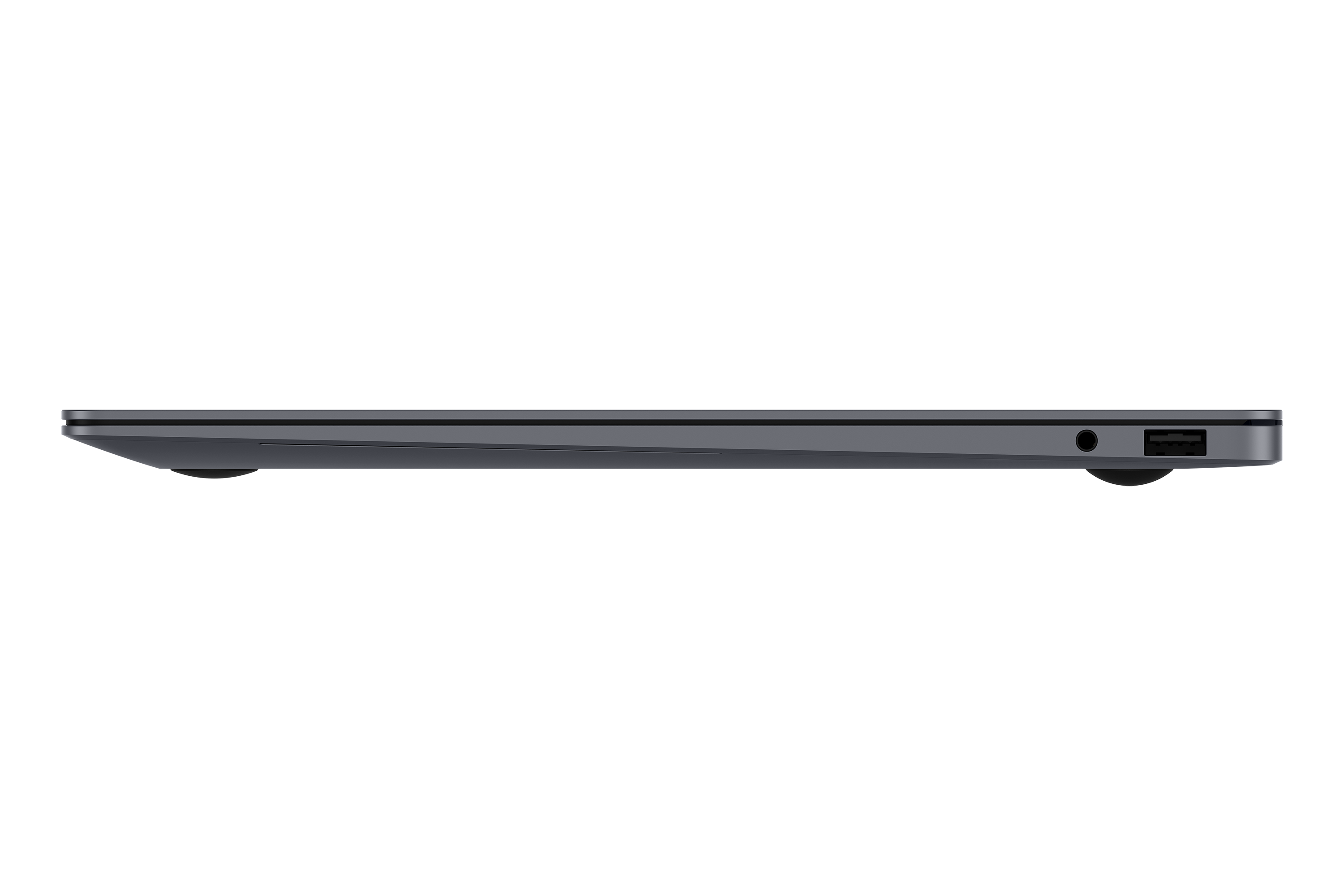 Grauer Laptop im Seitenprofil mit USB-Anschluss und Kopfhöreranschluss.