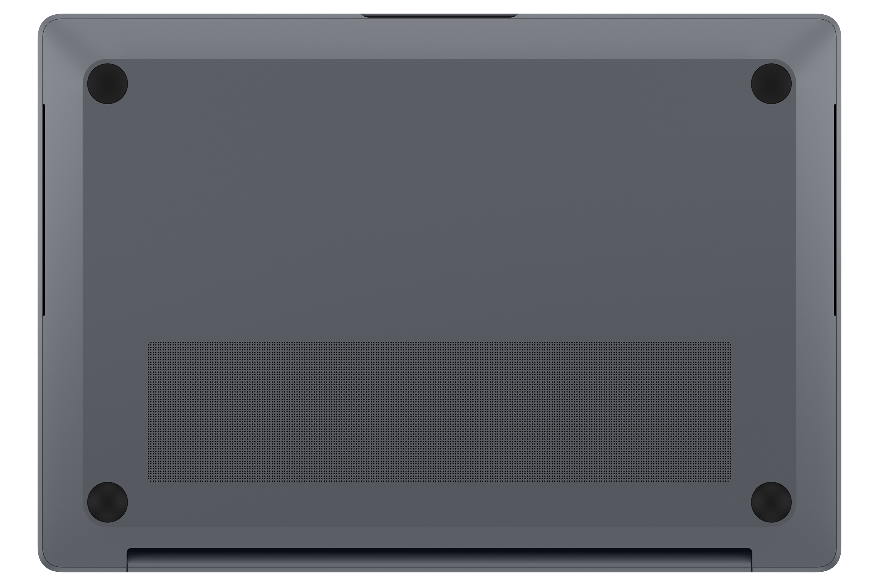 Unterseite eines grauen Laptops mit vier schwarzen Gummifüßen und Lüftungsschlitzen.