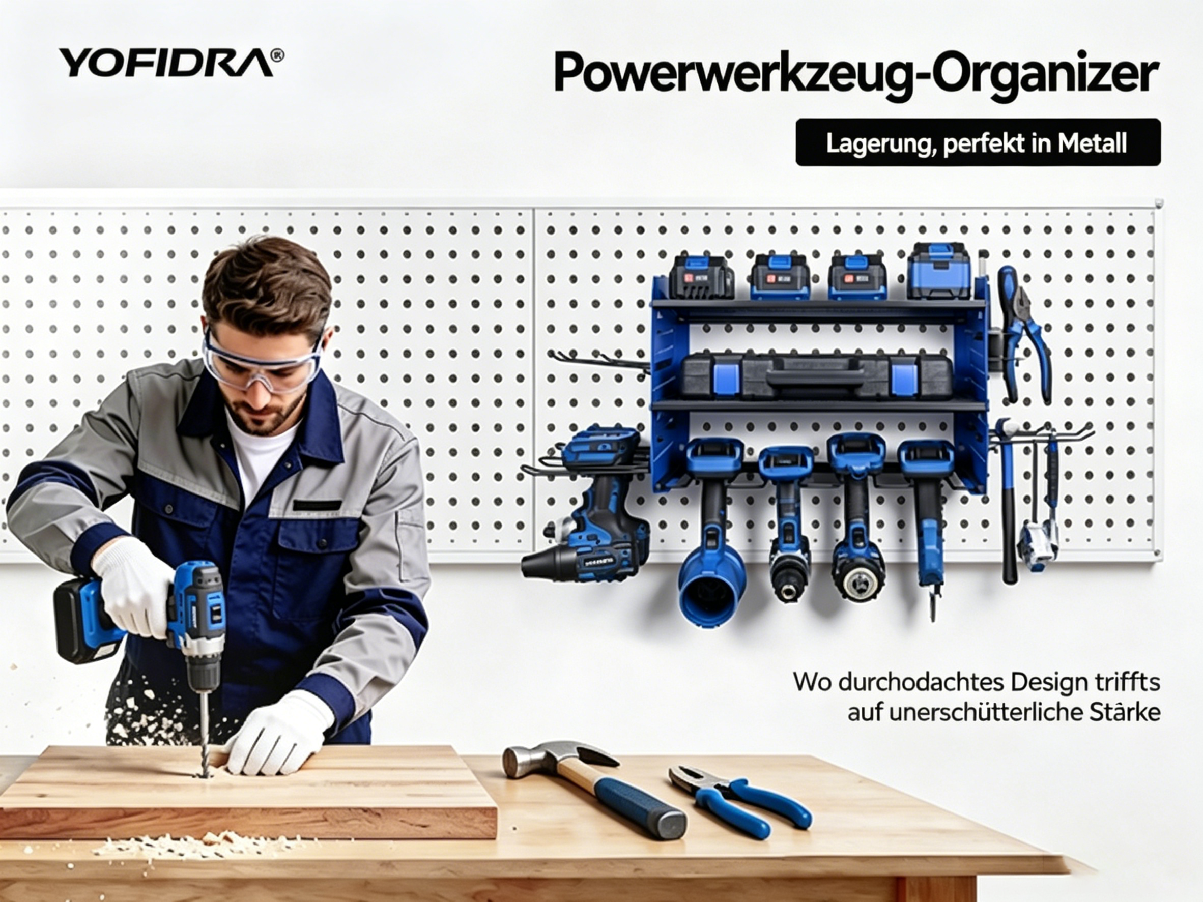 Mann bohrt Holz, Werkzeuge hängen an Wandhalterung.