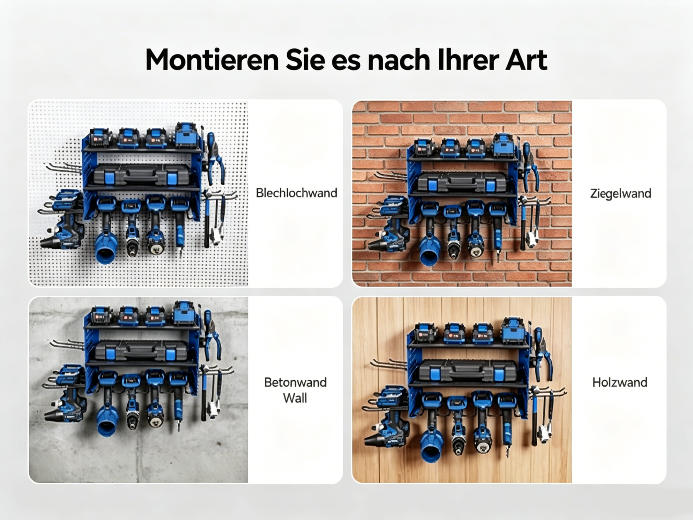Vier Werkzeugregale mit blauen Bohrmaschinen und Koffern, montiert an verschiedenen Wänden: Lochwand, Ziegel, Beton, Holz.