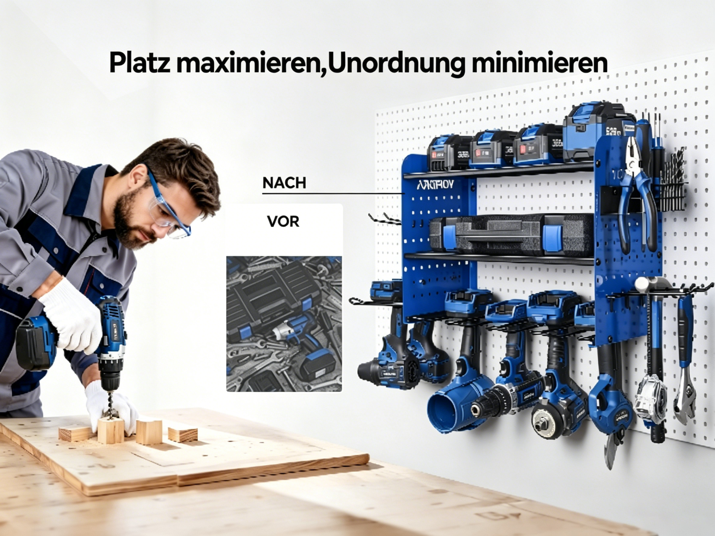 Ein Mann bohrt Holz, daneben ist eine Werkzeugwand mit Akkuschraubern.
