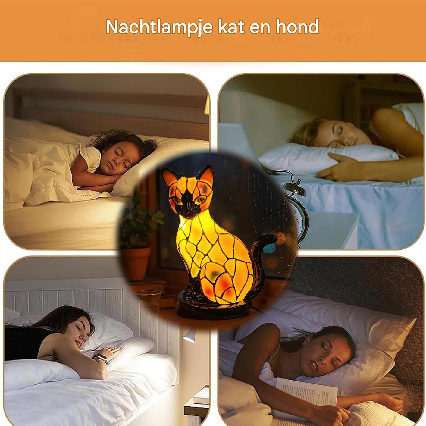 Ein Nachttischlampen-Mosaik zeigt schlafende Personen und eine Katze.