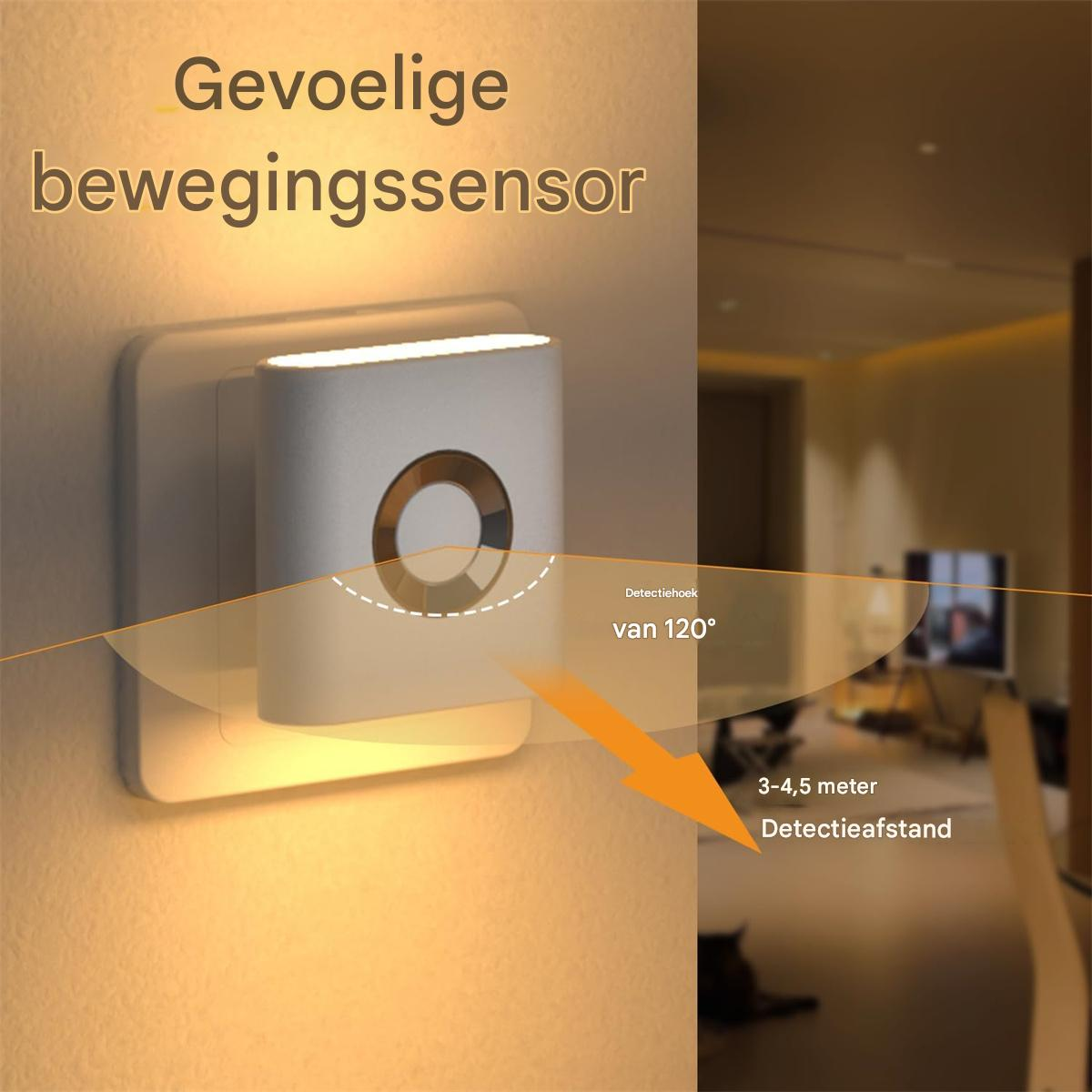 Ein weißer Bewegungssensor mit 120 Grad Erfassungswinkel und 3-4,5m Reichweite.