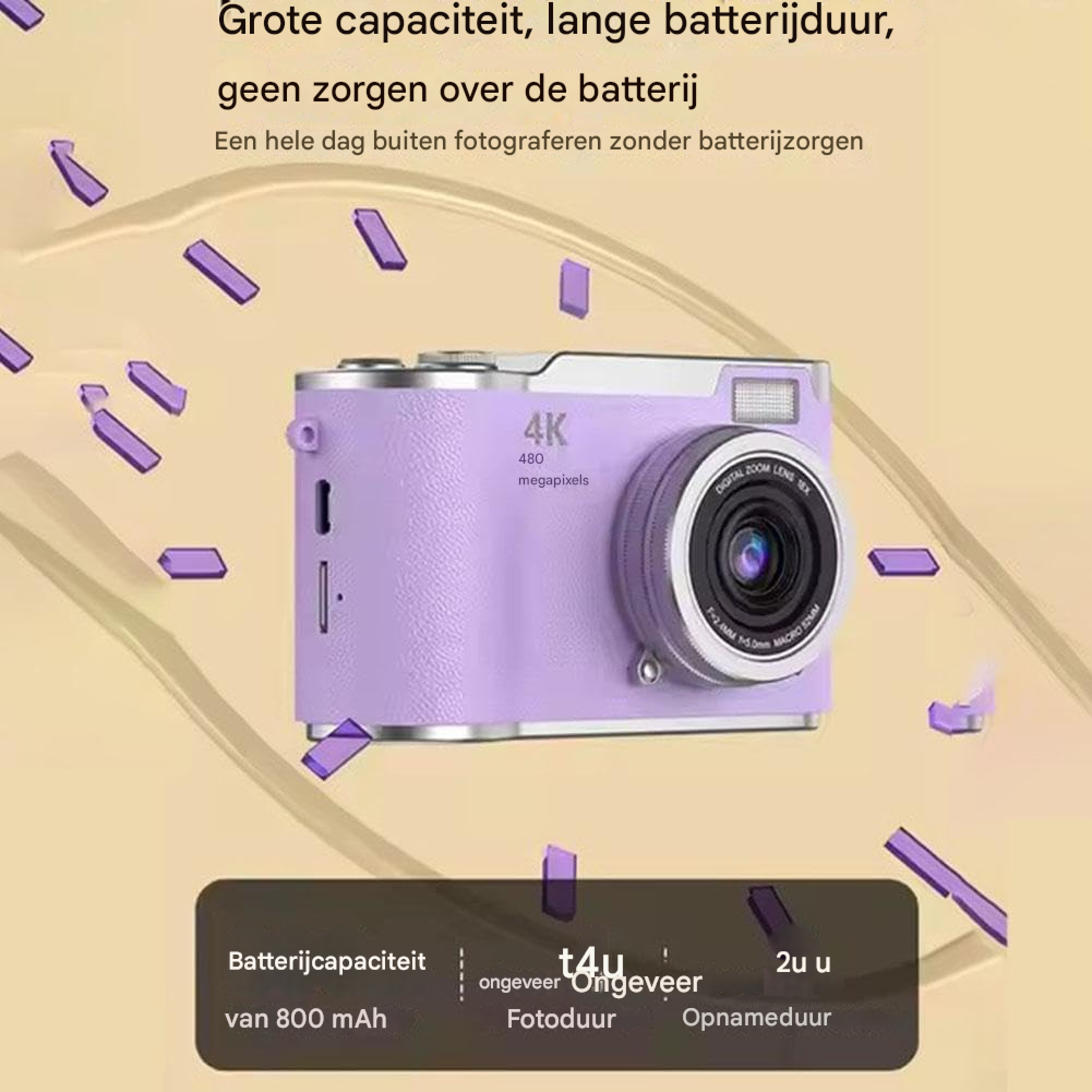 Eine lila 4K-Digitalkamera mit 480 Megapixeln und Zoomobjektiv.