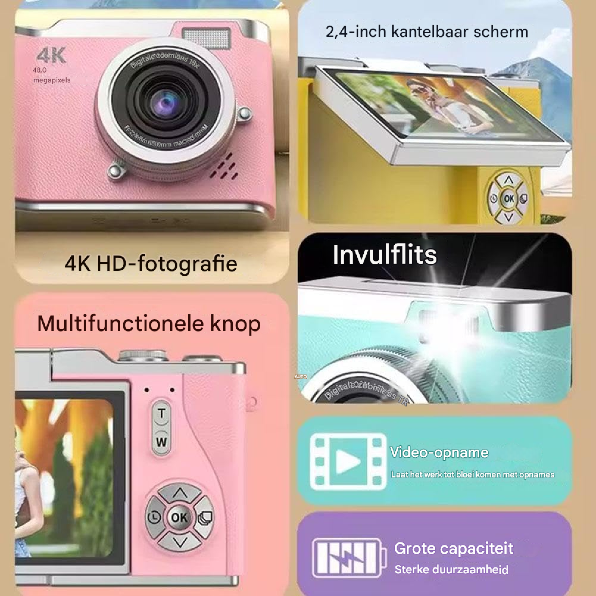 Ein pinkes und hellblaues Kamera-Layout mit verschiedenen Funktionen.